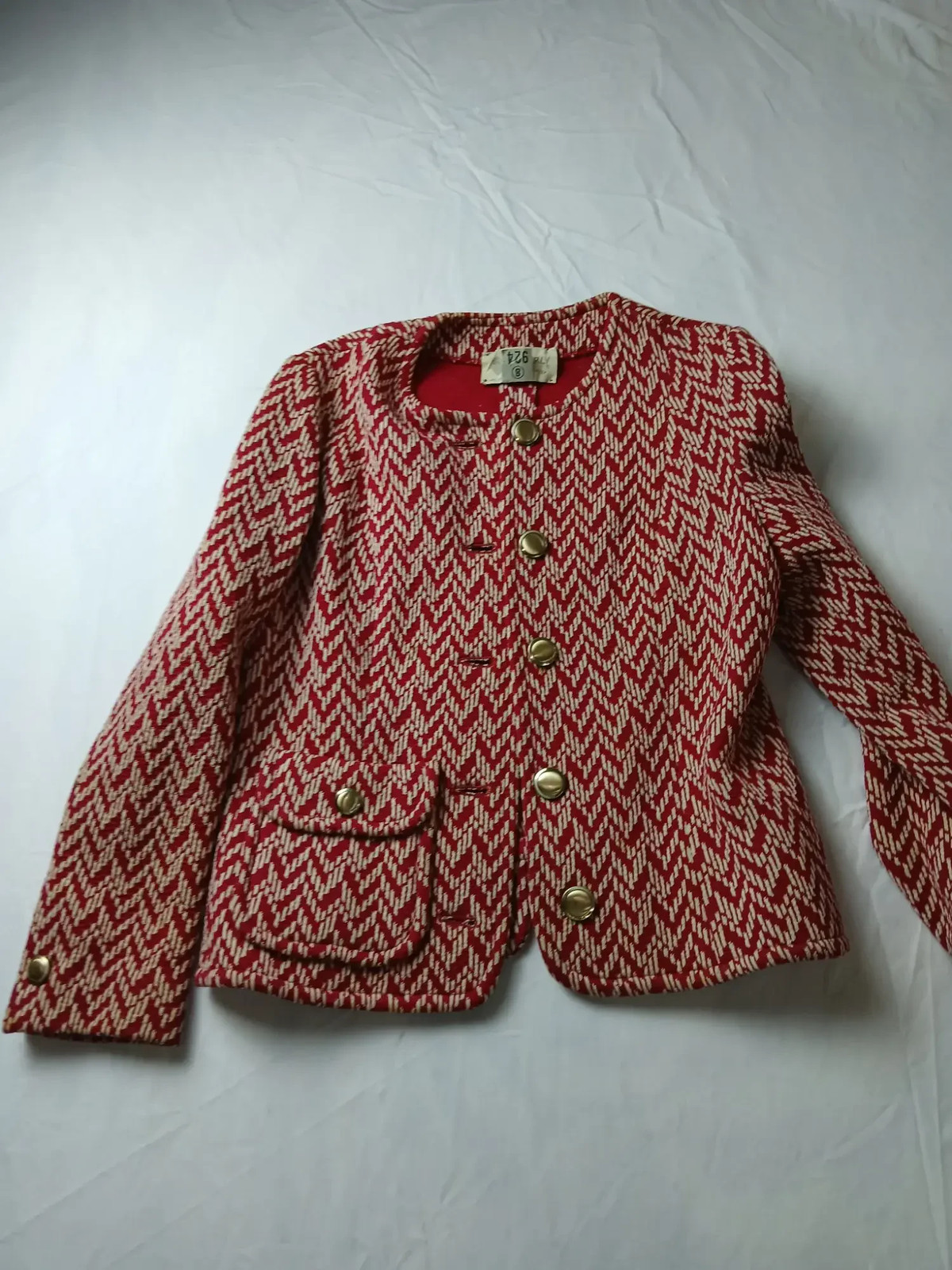Vintage Womens 2pc Red Ivory Boucle Jacket Skirt Set Size 8 Wool Blend