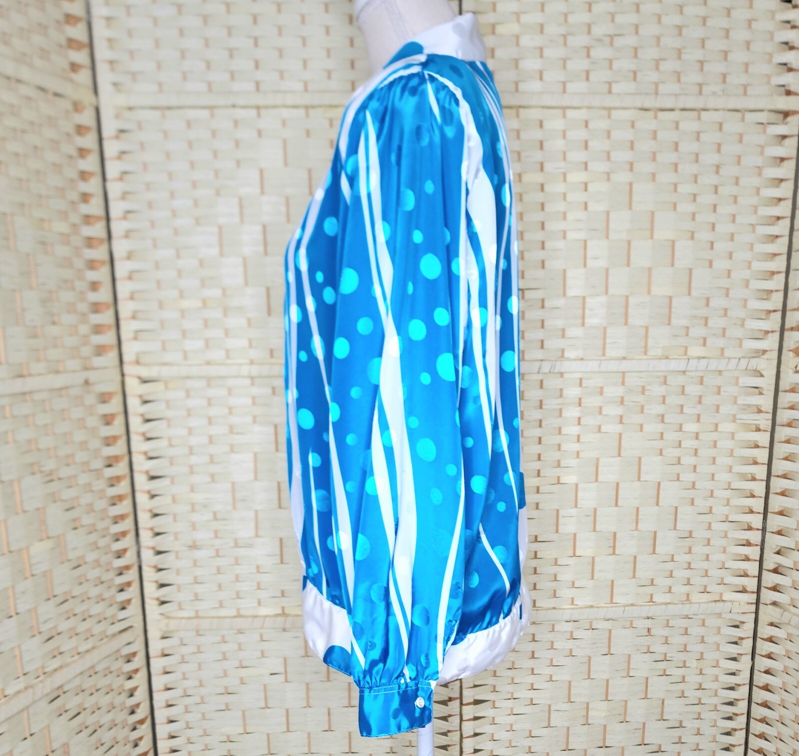Vintage 80s Stuart Land Blue & White Satin Top Size 12