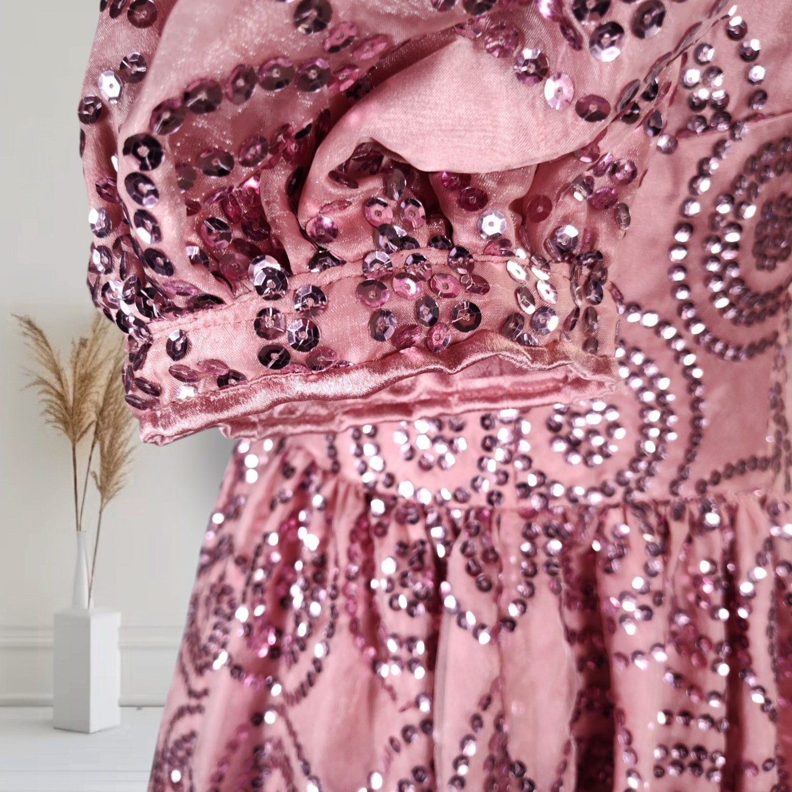 Vintage 80s Pink Sequin Formal Dress Size 12 Puff Sleeve Basque Waist