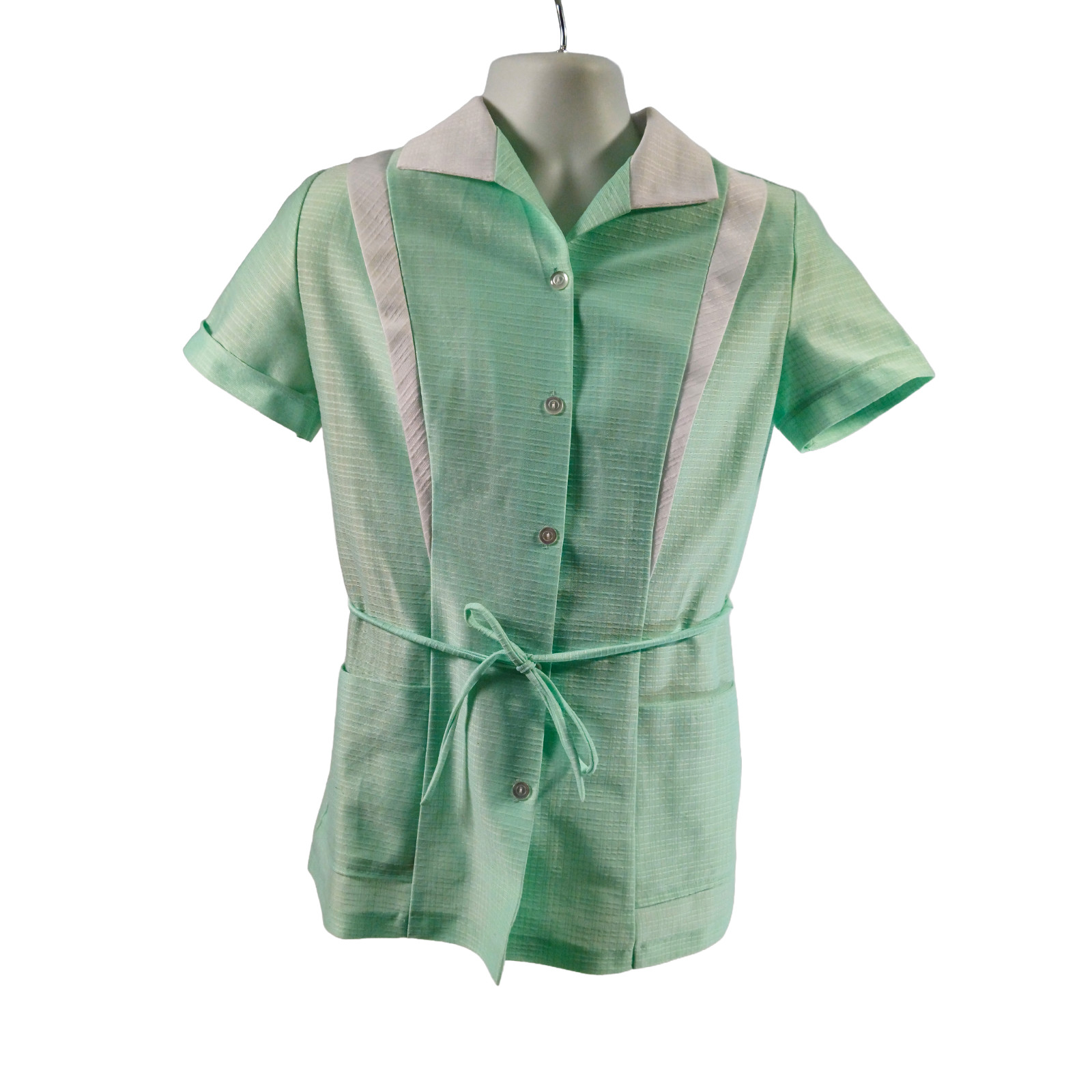 Vintage 1970s Nurse Uniform Top Womens Medium Mint Green White Medical Smock