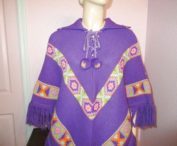 Vtg 70s Crochet Poncho Heavy Knit Sweater Coat Fringe Poms Boho Aztec Southweste