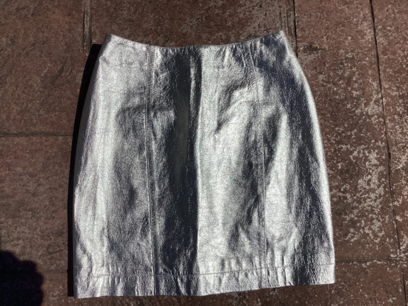 VTG Fred Hayman Beverly Hills Rodeo Dr Silver Foil Patent Leather Miniskirt Sz M
