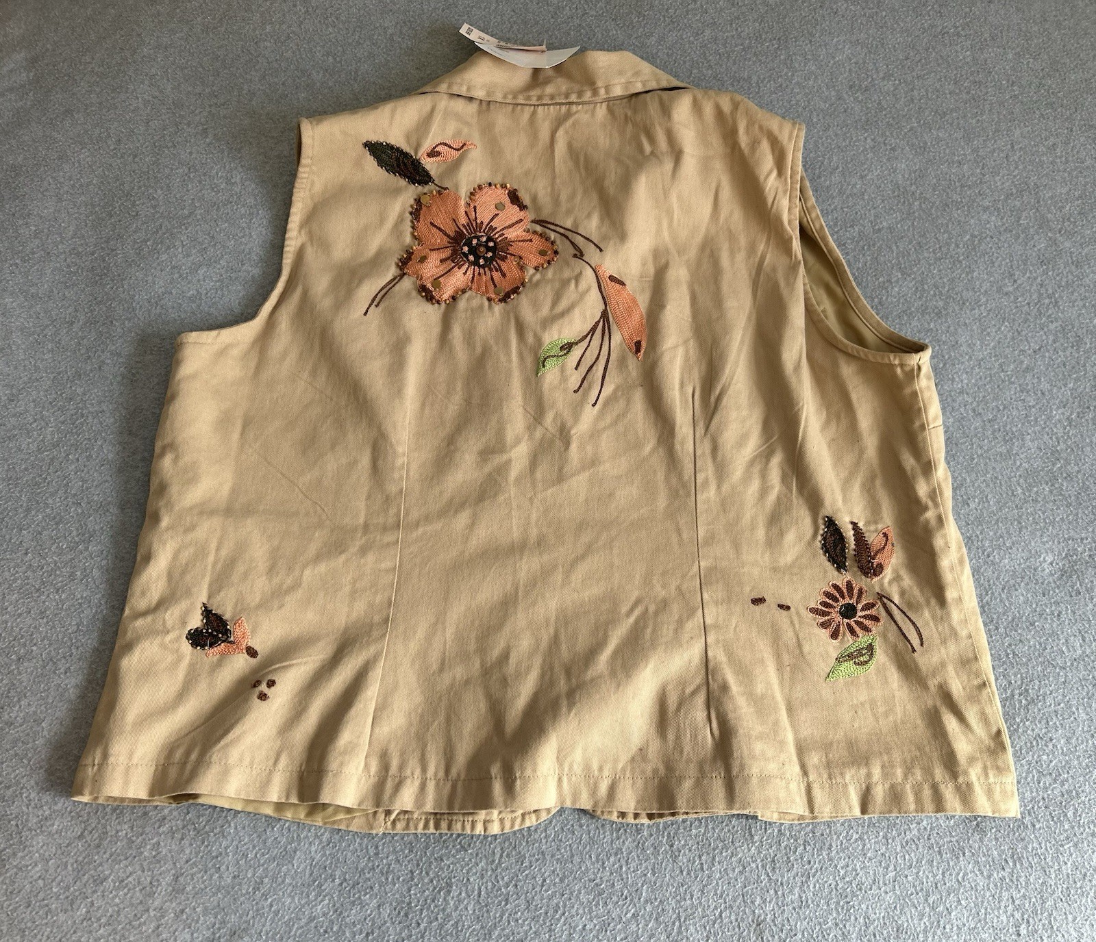 Dress Barn vintage-style tan vest With embroidered floral patterns, bohemian, 1X