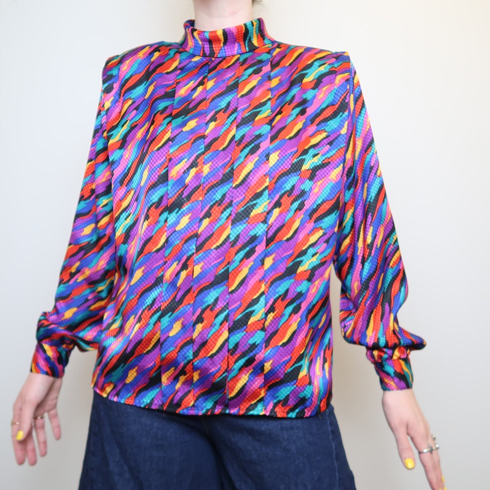 Vintage 80s/90s Notches colorful rainbow satin abstract print blouse 13