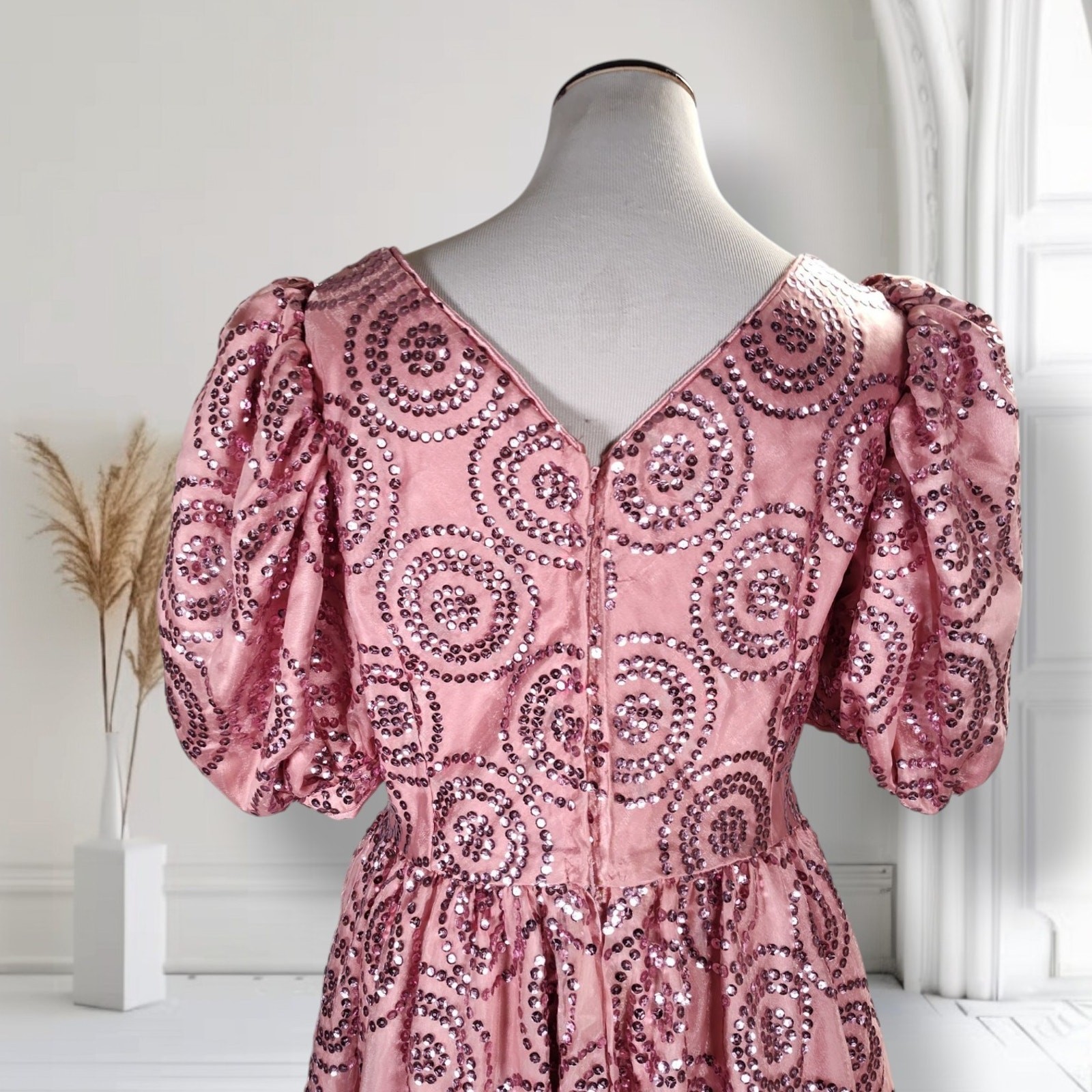 Vintage 80s Pink Sequin Formal Dress Size 12 Puff Sleeve Basque Waist