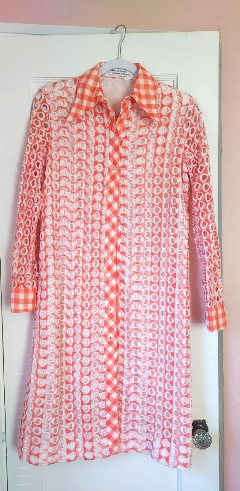 Vtg Tunic Shirtdress Dress Orange Button Up Eyelet Lace Plaid 1960s or 1970s