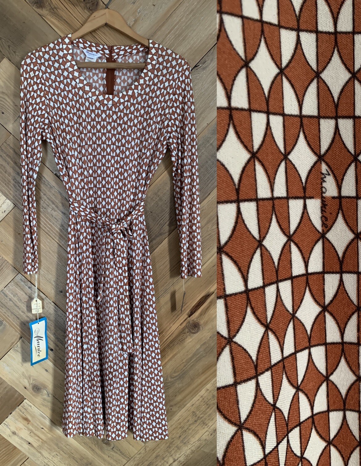 Vintage 70s Deadstock Maurice Long Sleeve Midi Dress Neutral Geometric Op Art 12
