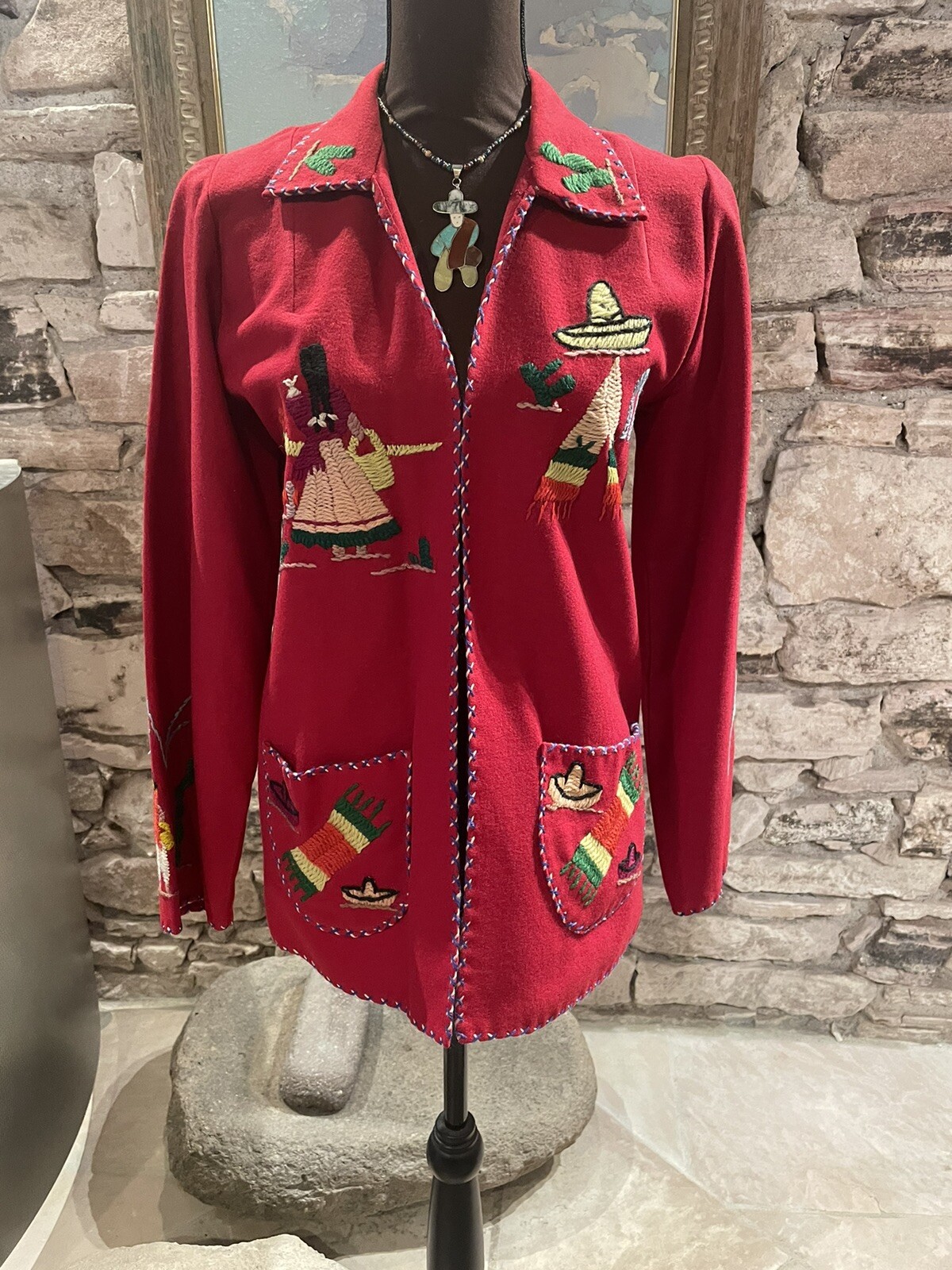 1950s Red Wool Felt Embroidered Mexican Tourist Jacket Size S