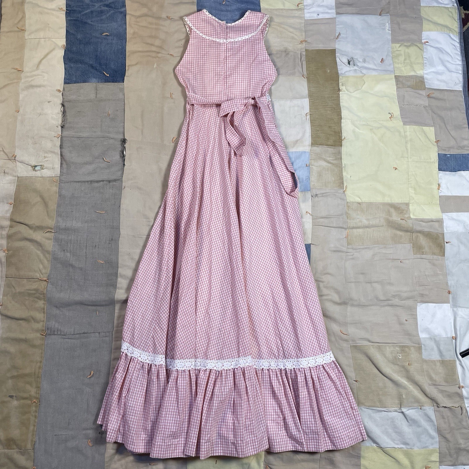 Vintage Gunne Sax Gingham Plaid Pink Dress Maxi Lace Small Cottage Coquette