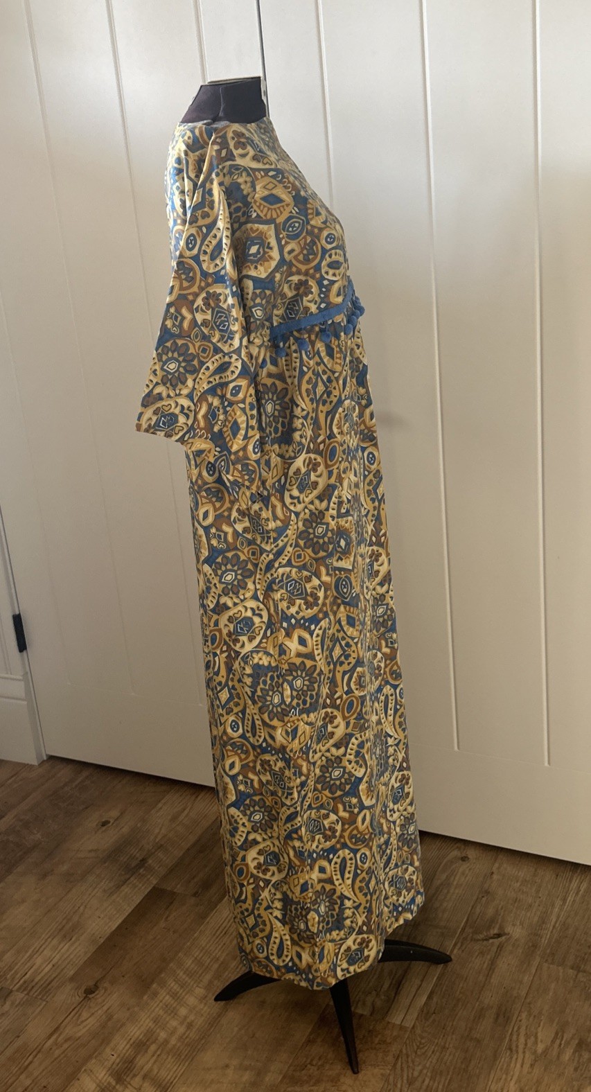 Vintage 1960’s Handmade Gold/Blue Paisley Print Caftan Maxi With Ball Fringe M
