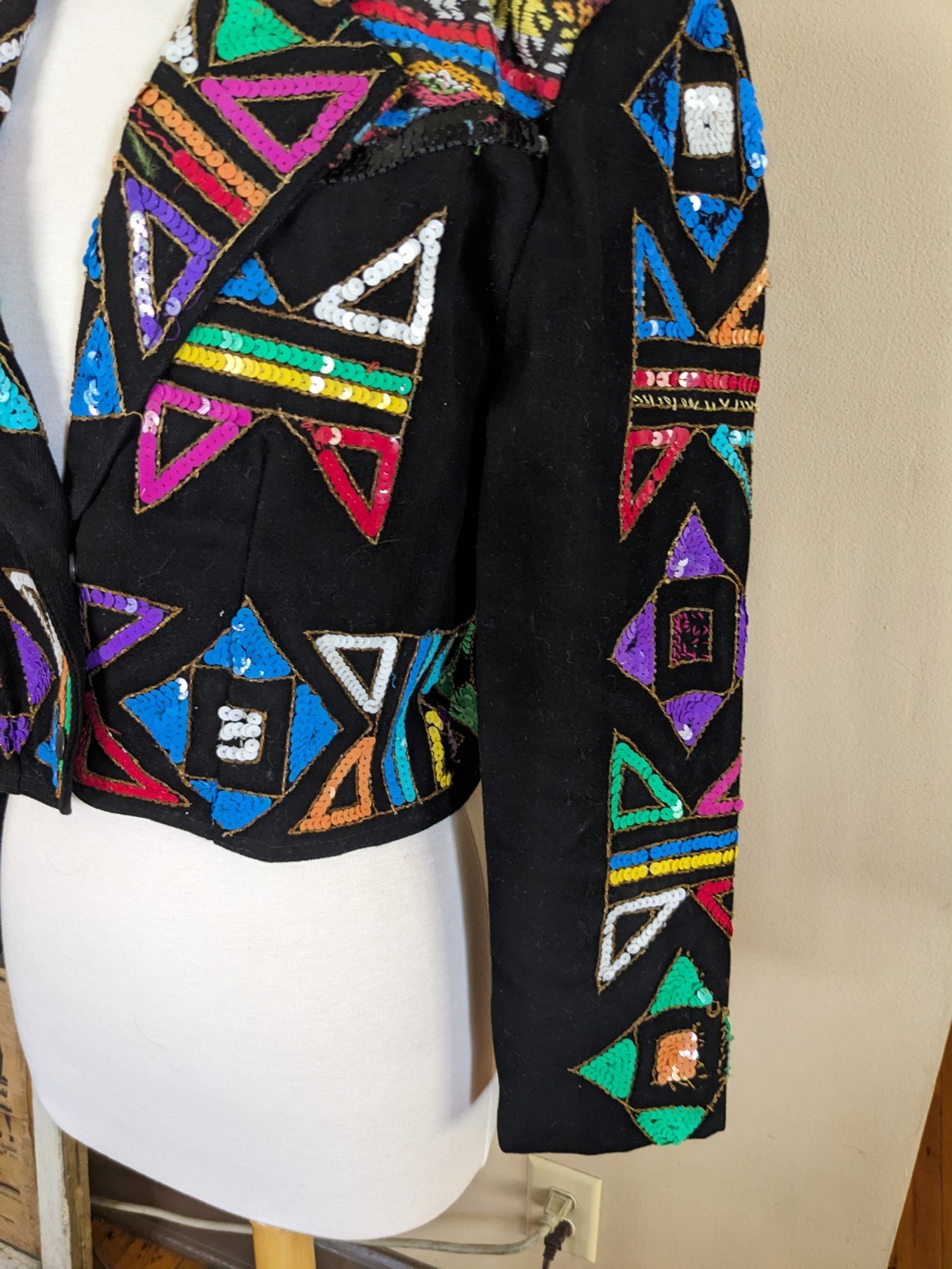 Vintage 1980s Modi Sequin Geometric Blazer Sz S Aztec Tribal Cotton Blend Jacket