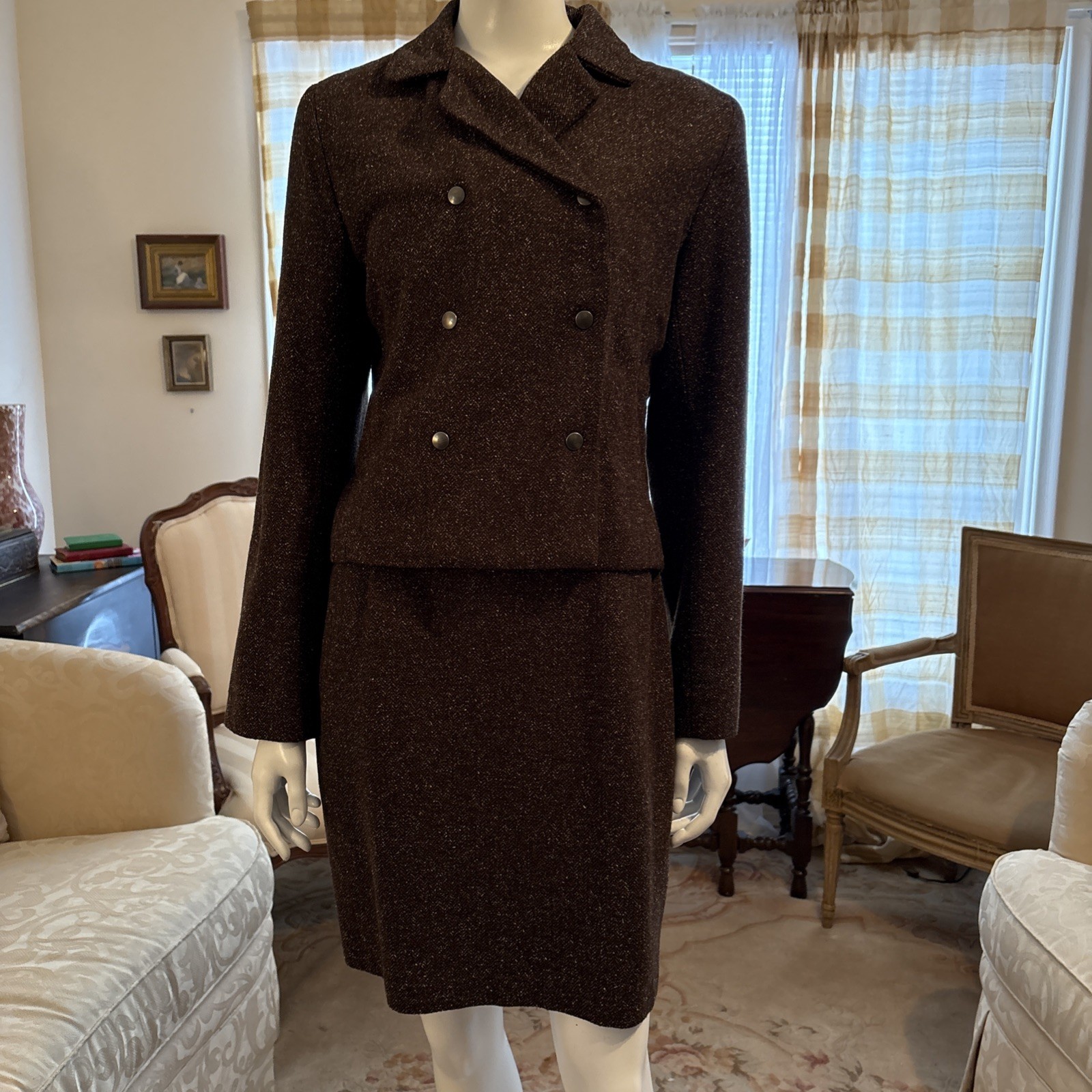 Vintage French Connection Women’s Dress With Matching Jacket Brown Tweed Sz 8