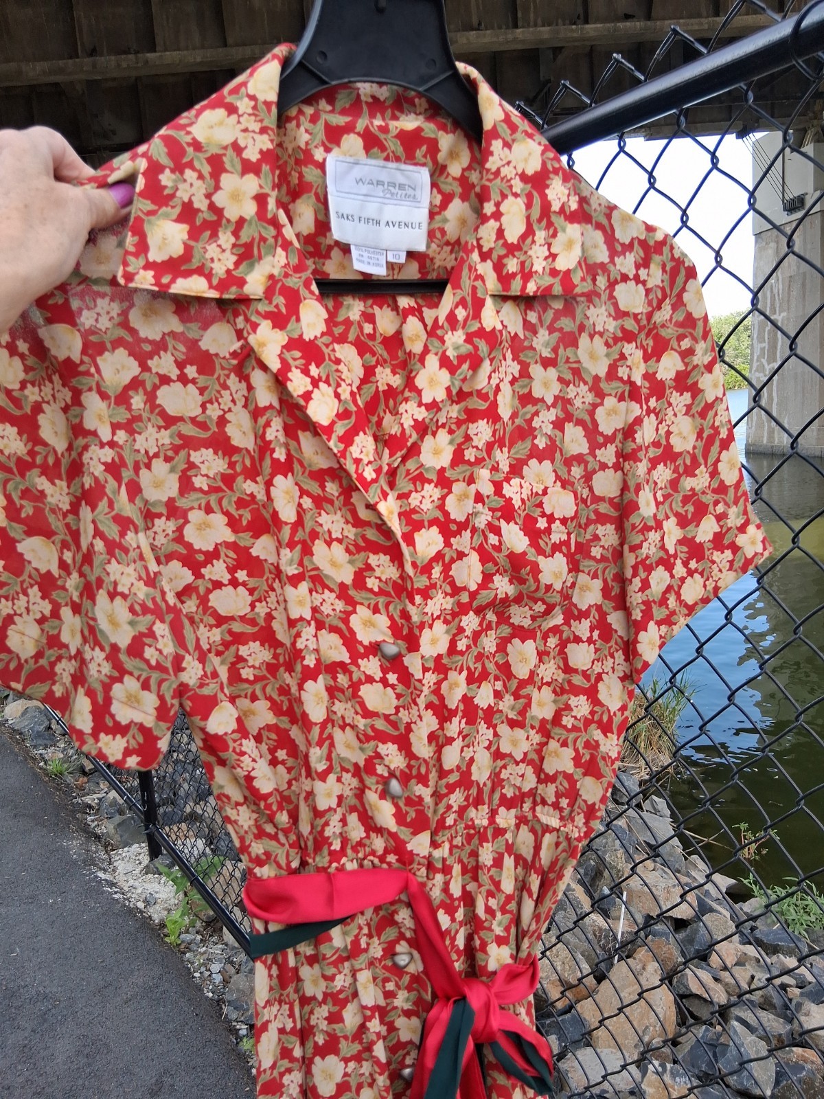 Vtg Warren Saks Fifth Ave Long Dress 10 Floral Buttons Relaxed A-line Short Sl.