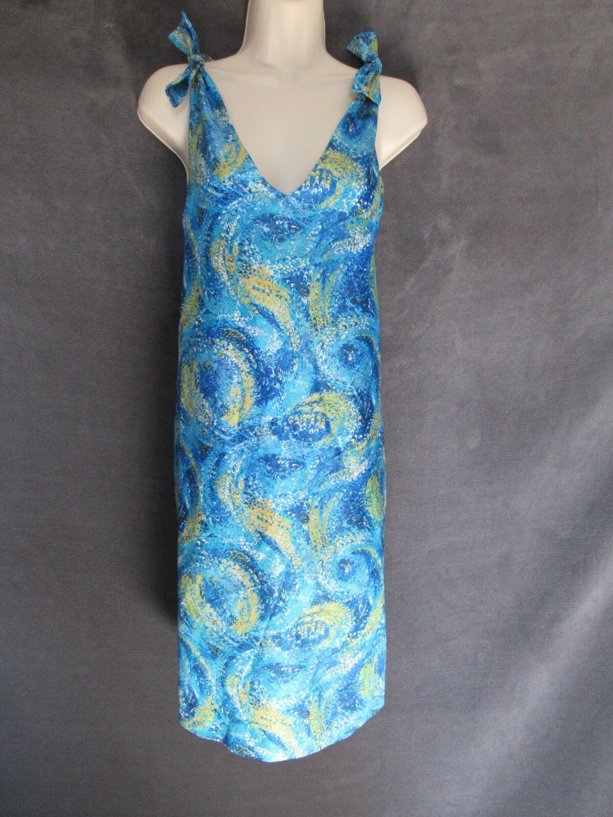 60’s 70’s Vintage Psychedelic Blue Illusion Tie Shoulder Shift Mod Sun Dress M/L