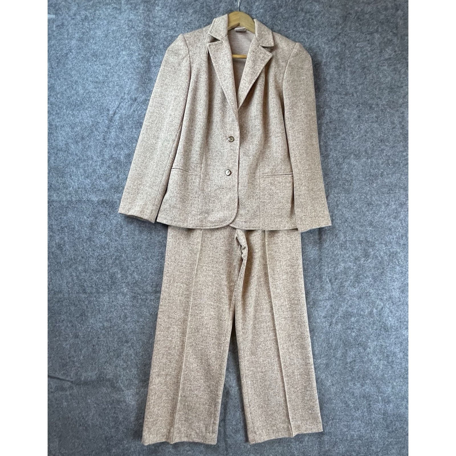 Vintage Graff Californiawear Leisure Suit Womens Small Tan Plaid 70s Knit