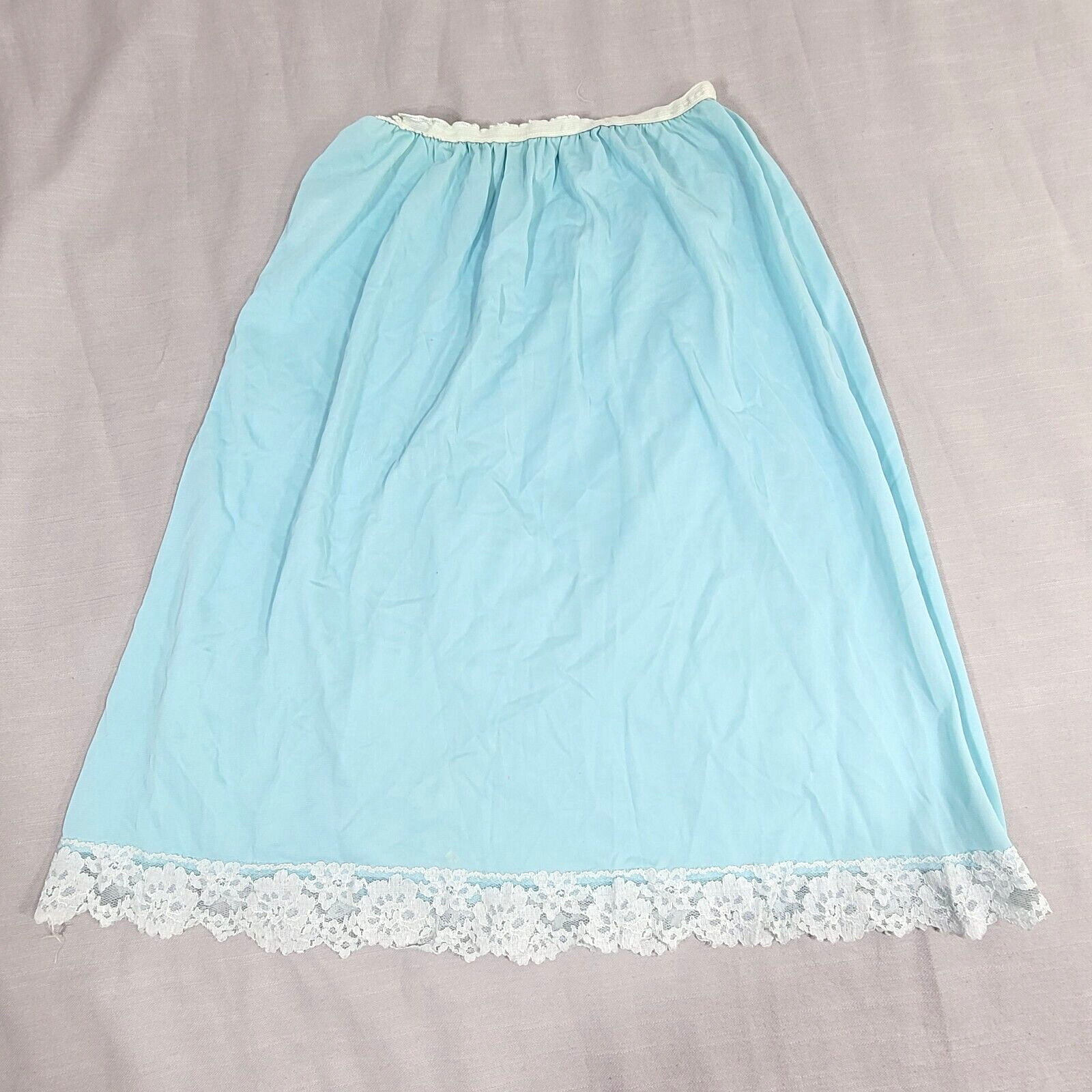 Tiffany BLUE Vintage SILKY Half SLIP Floral Lace NYLON Size Large Loomcraft