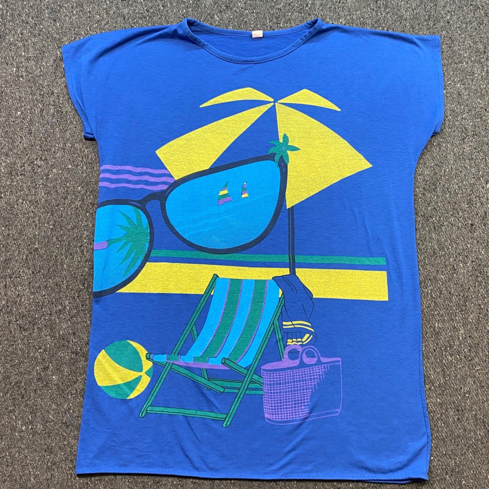 Shirt Sz OS Womens Blue 80s Retro Beach Cover Up Neon Sunglasses Graphic Tee USA