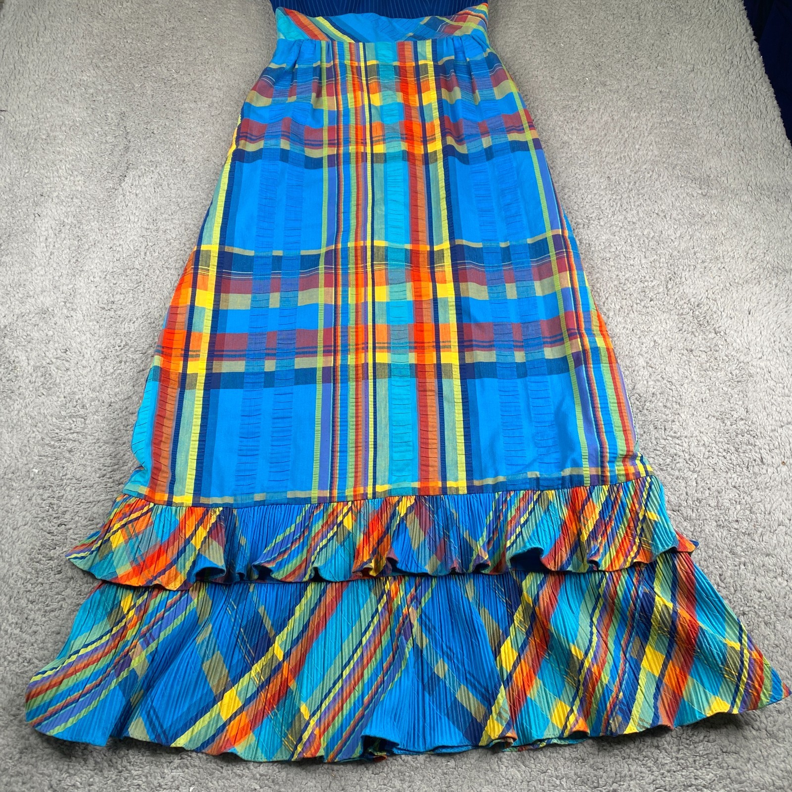 Vintage Ruth Norman Maxi Dress Womens Small Blue Plaid Short Sleeve Poly