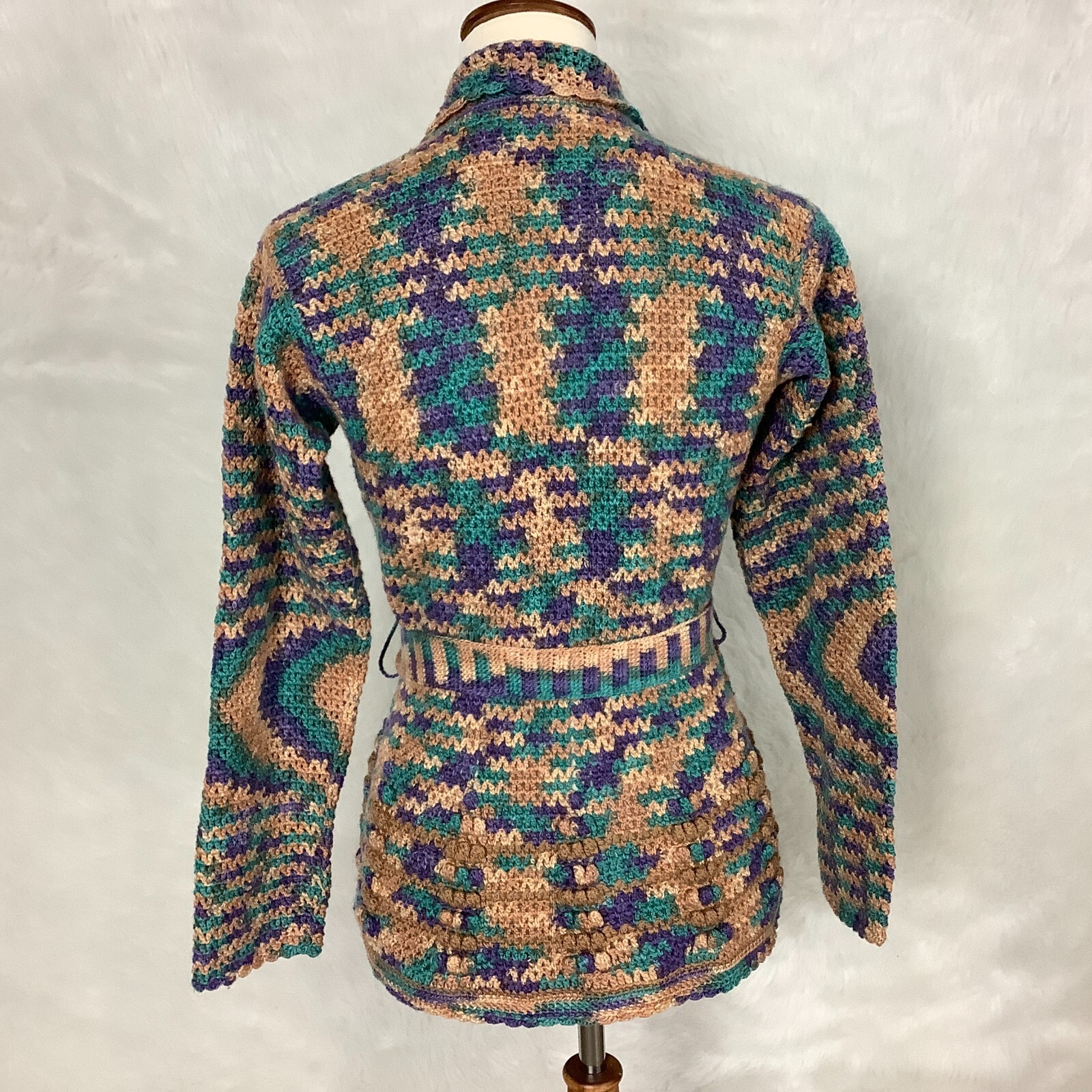 Vintage 70s Tan, Green Blue & Purple Belted Crochet Cardigan Sweater
