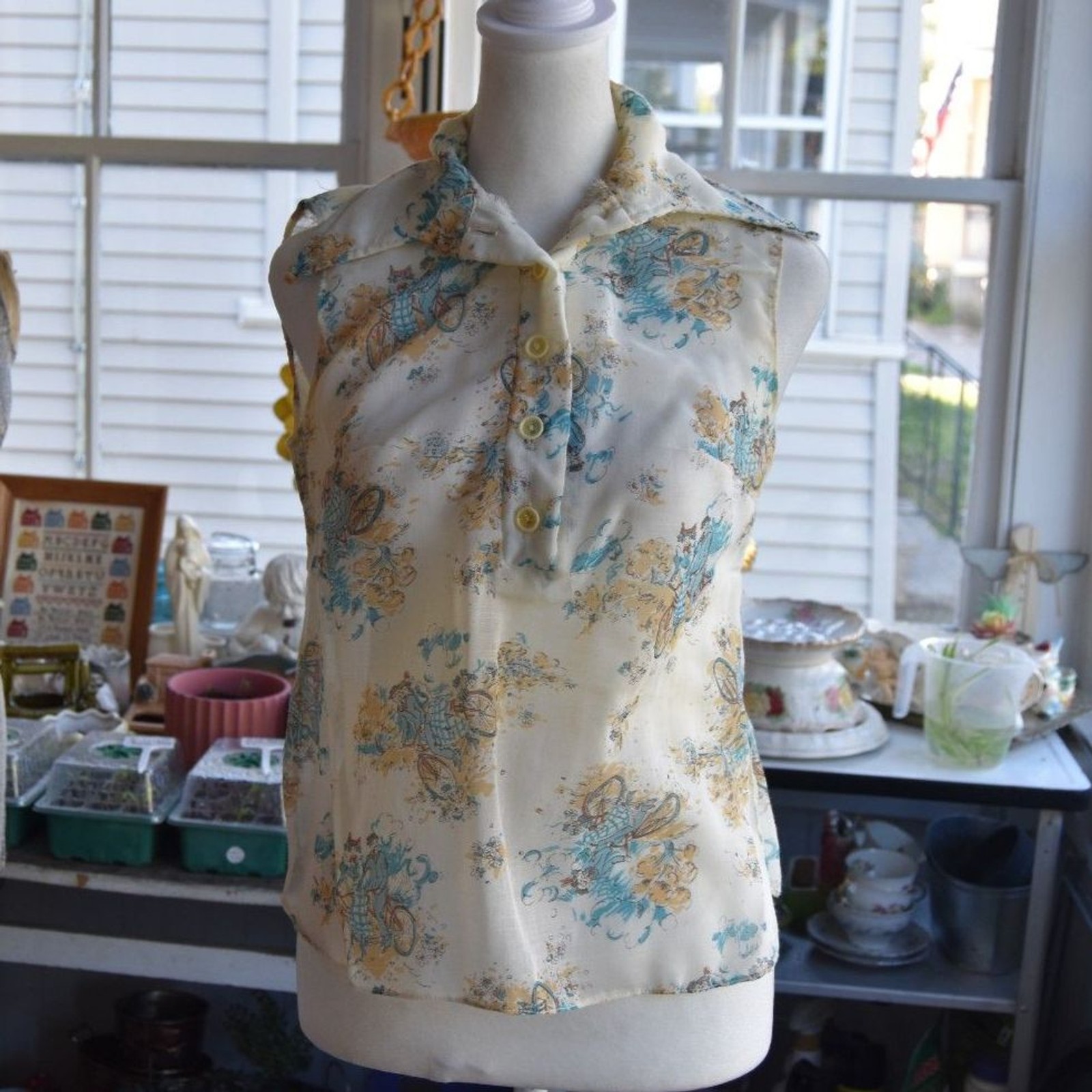 Vintage 70s 2 Pc Blouse Jacket Set Cream Blue Floral Sleeveless Tie Waist S
