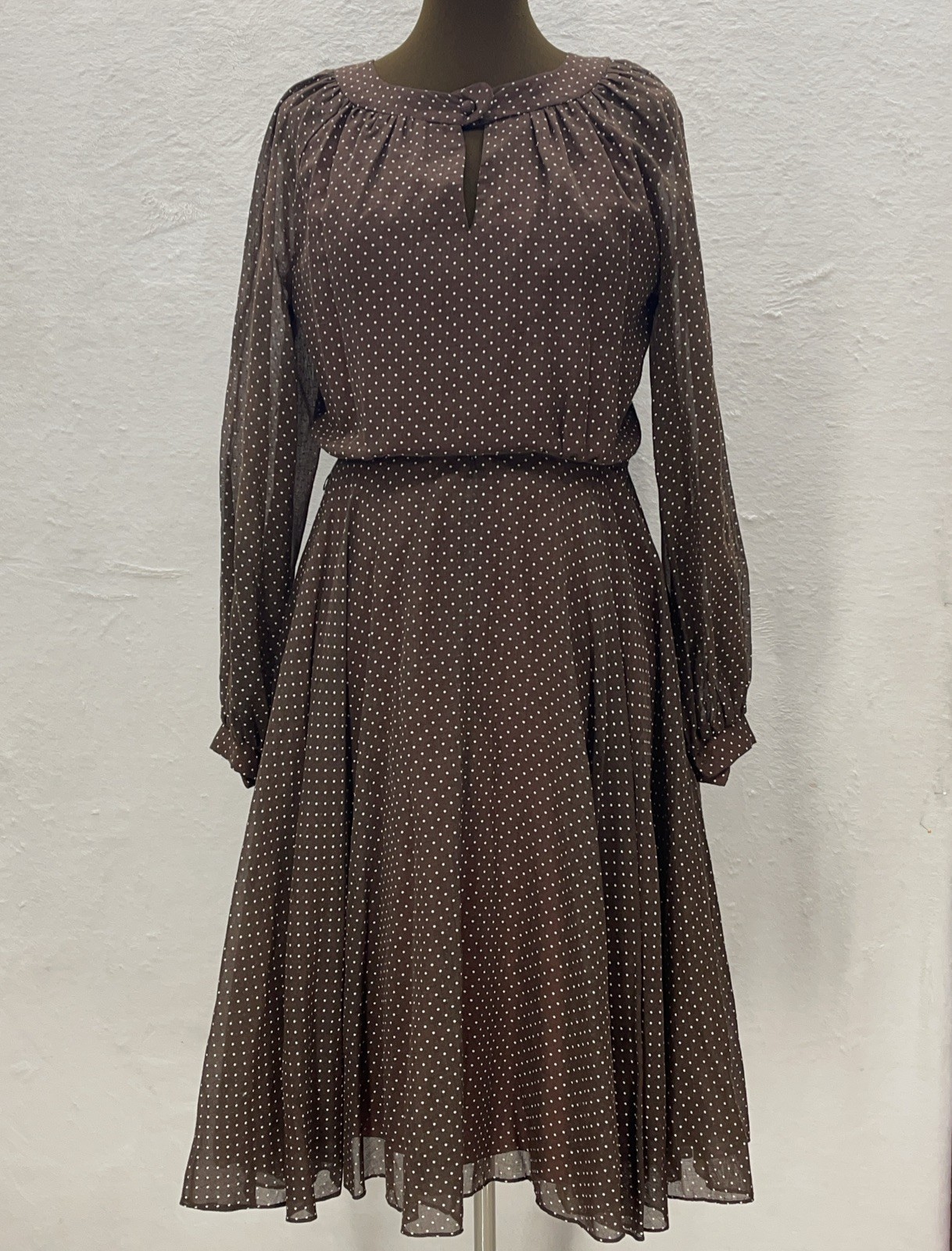 Vtg Brown White Swiss Dot Sz 12 Fit/Flair Long Sleeve Sheer Lined Twirl Retro