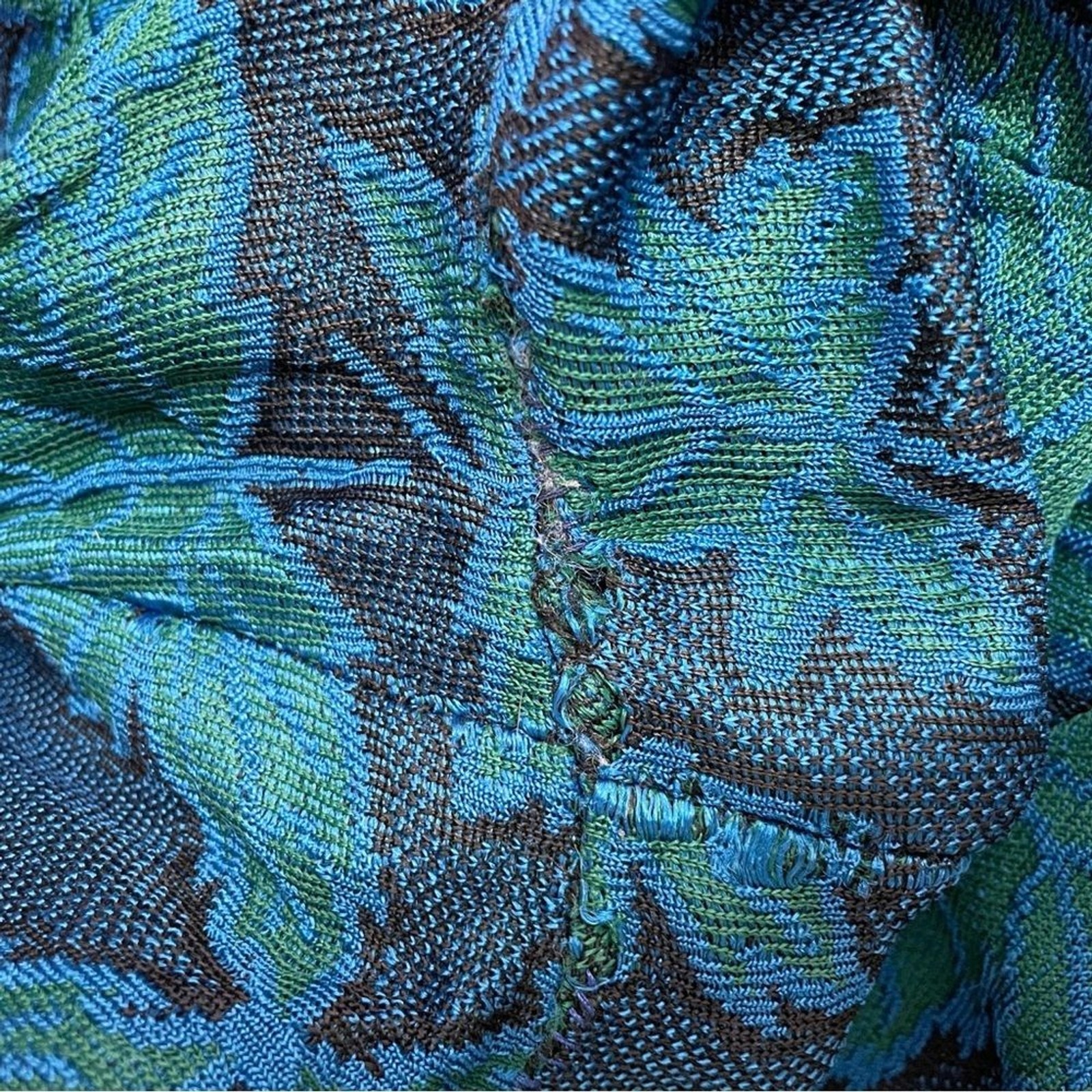 Vintage 1960s Jean Lang Original Blue Green Jacquard Leaf Print Dress Mod A-Line