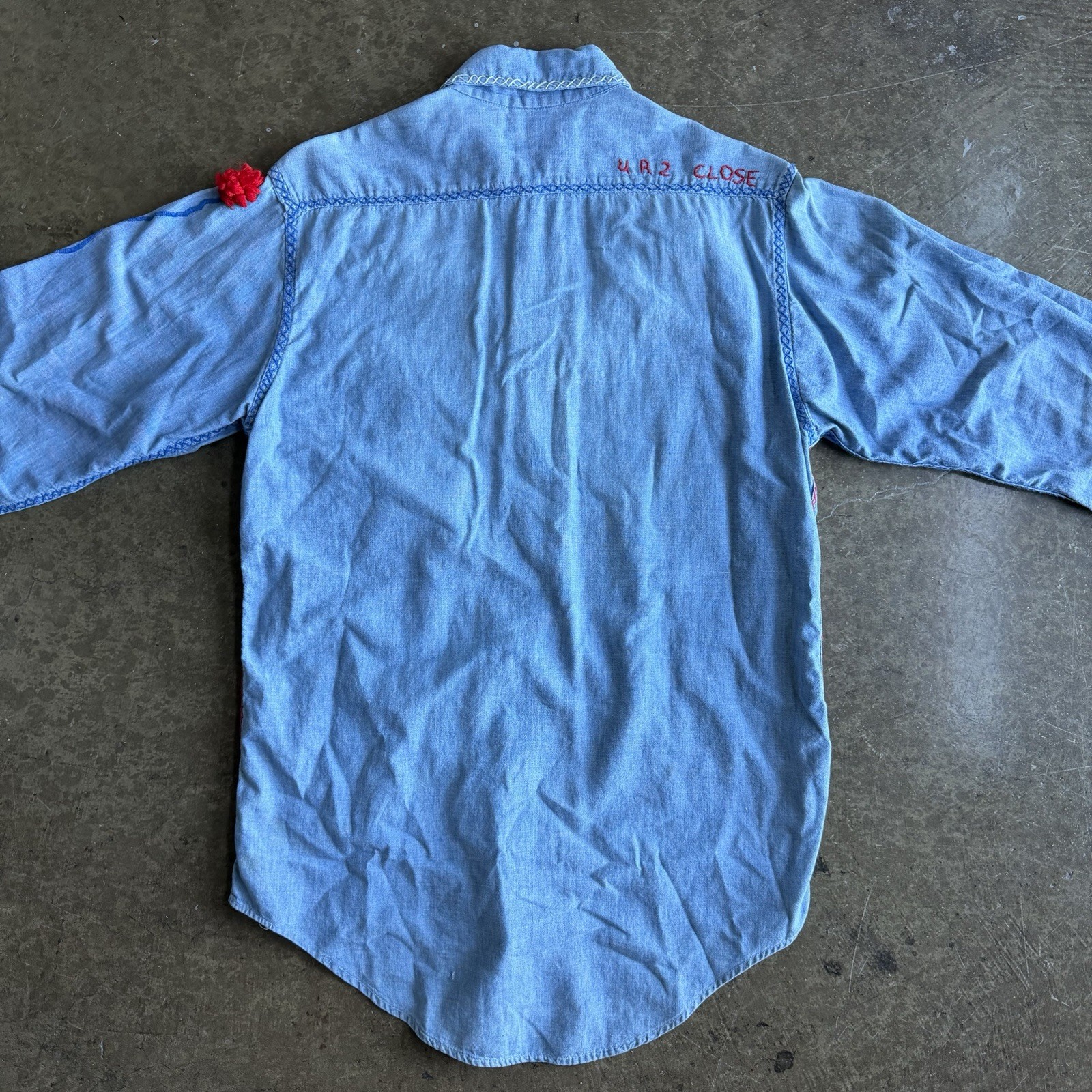 VTG 60’s Big Mac Pennys Sanforized Chambray Denim Embroidered floral Shirt