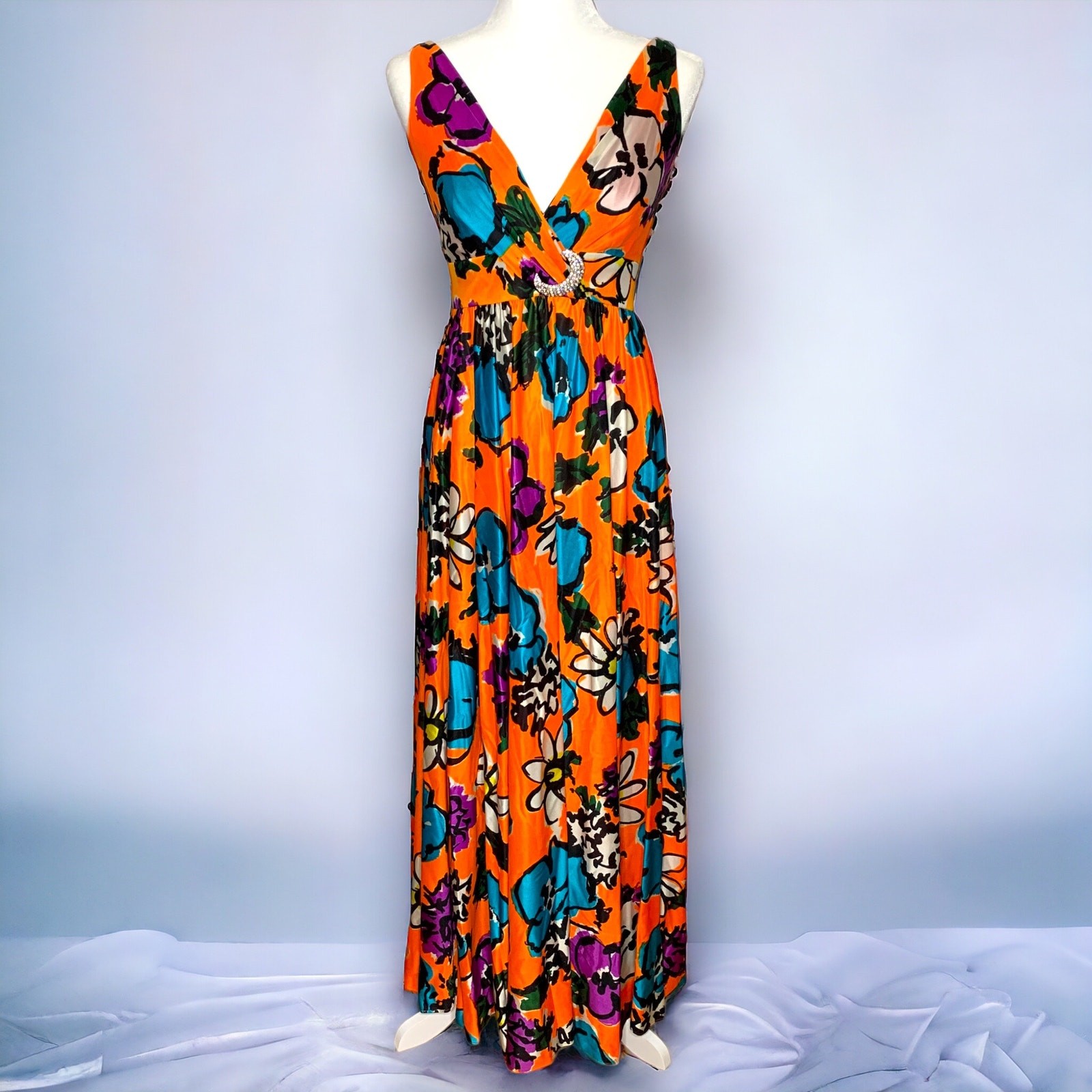 NWT Vintage 60s Fred Perlberg Womens XXS Hand Screen Printed Floral Formal Dress