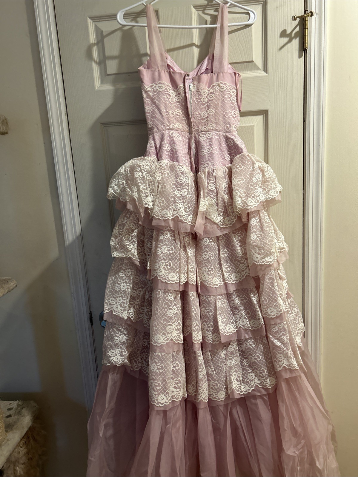 1950 Vintage Pastel Pink Tiered Ruffled Tulle Dress Gown Cup Cake Union Made