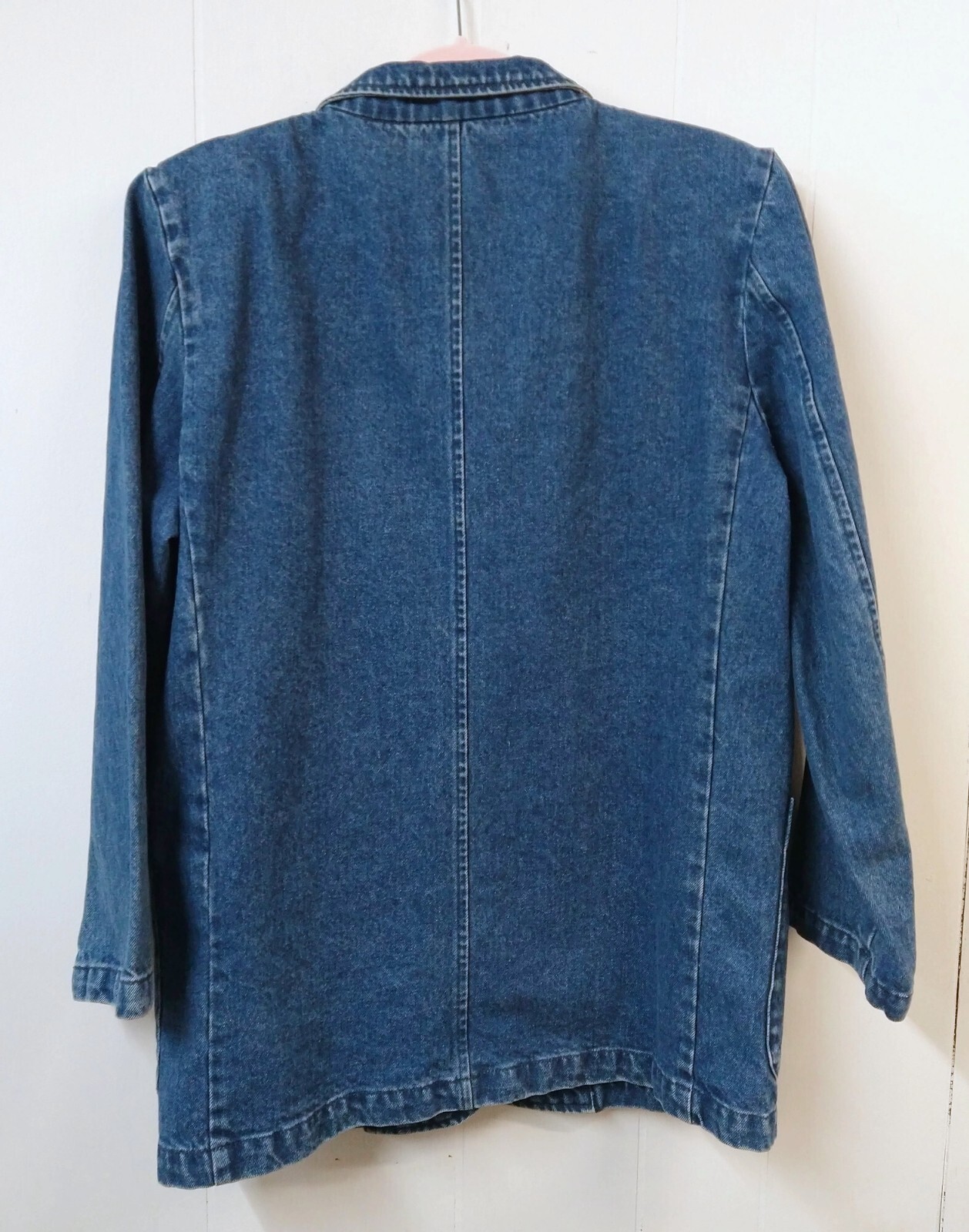 VTG Eddie Bauer WM M Jean Jacket Blue Dark Wash 3 Pockets Notched Lapel 1 Button