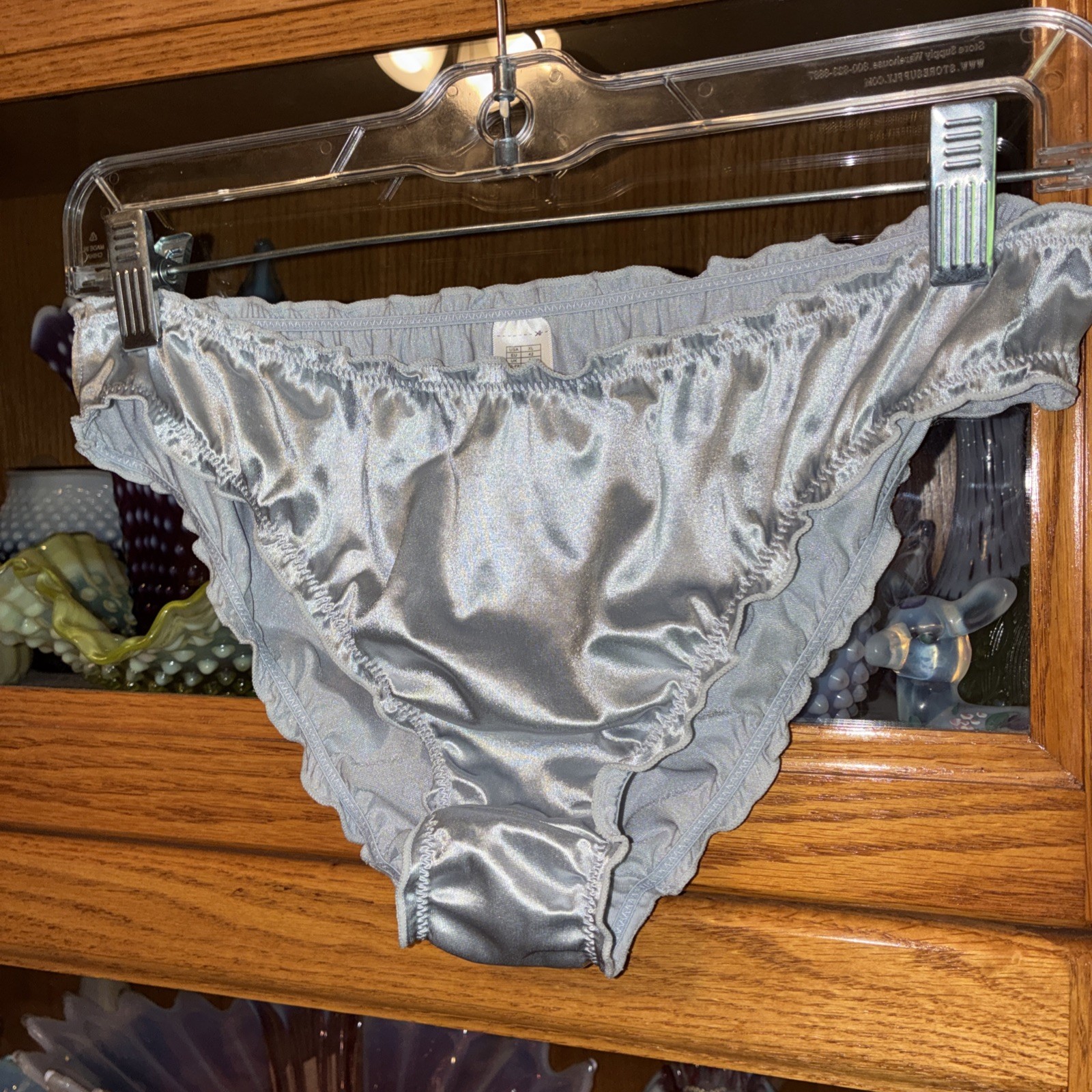Vintage XL Bikini High Cut Panties Shiny Glossy Silver Polymide Panty Ruffled