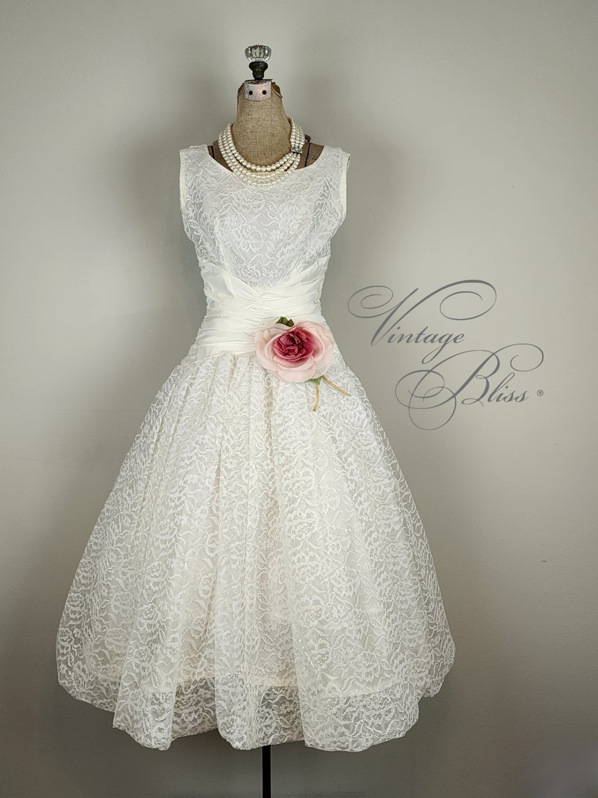 Vintage 1950’s Warm White Satin with Lace Overlay Cocktail Dress Size Medium