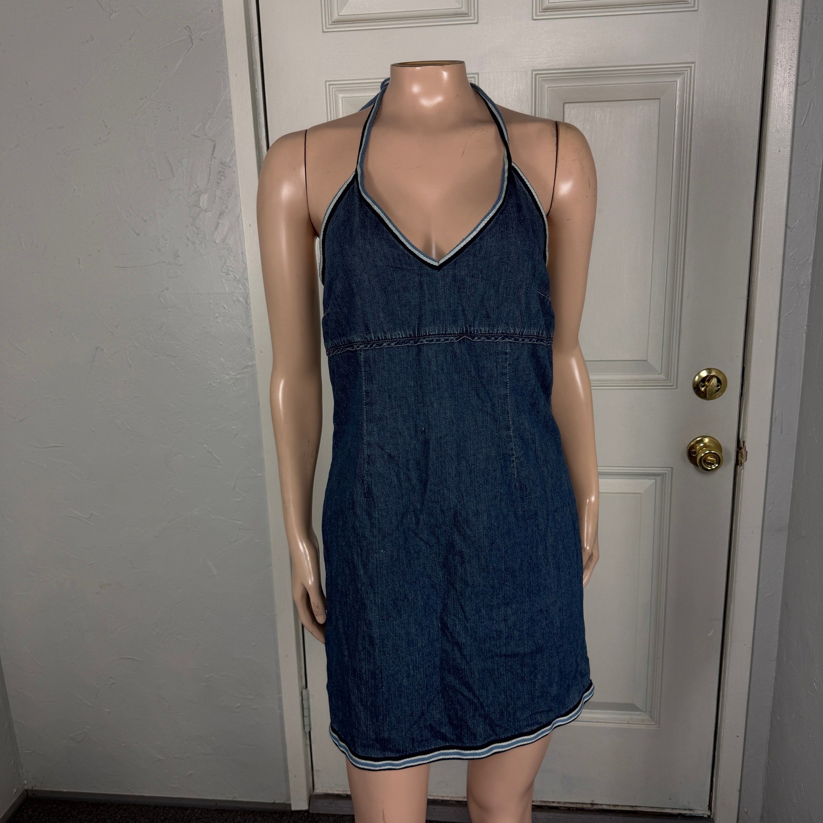 Vintage Y2K Old Navy Denim Halter Dress 4 Cotton Mini Tie Jean Q3-13