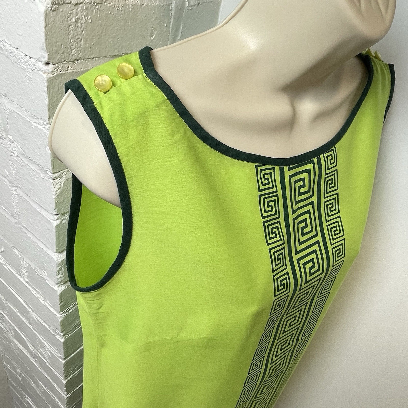 Vintage Alfred Shaheen Master Printer Lime Green Greek Key Shift Dress S