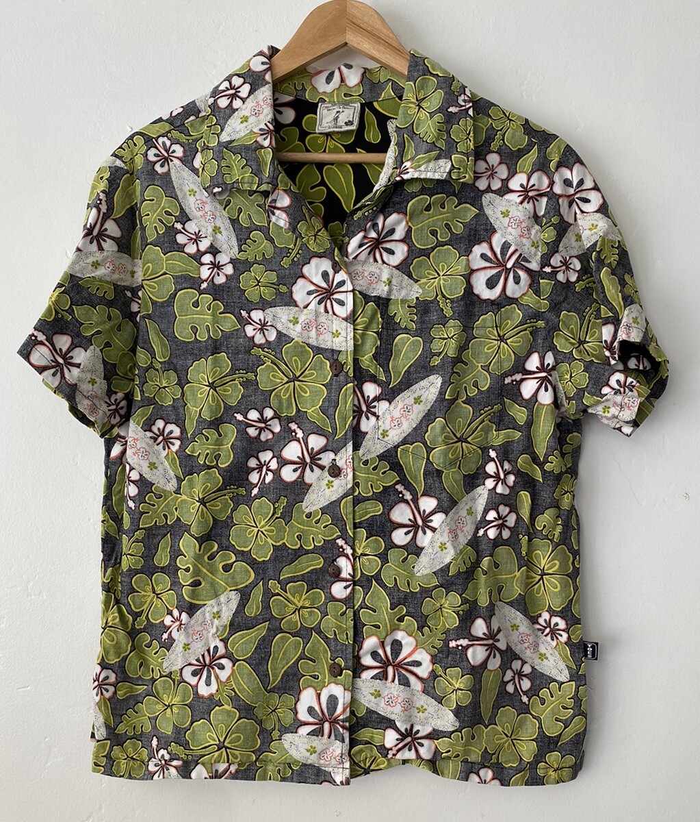 Rare Women’s Toes On The Nose Reverse Print Green Floral Hawaiian Surf Shirt M/L