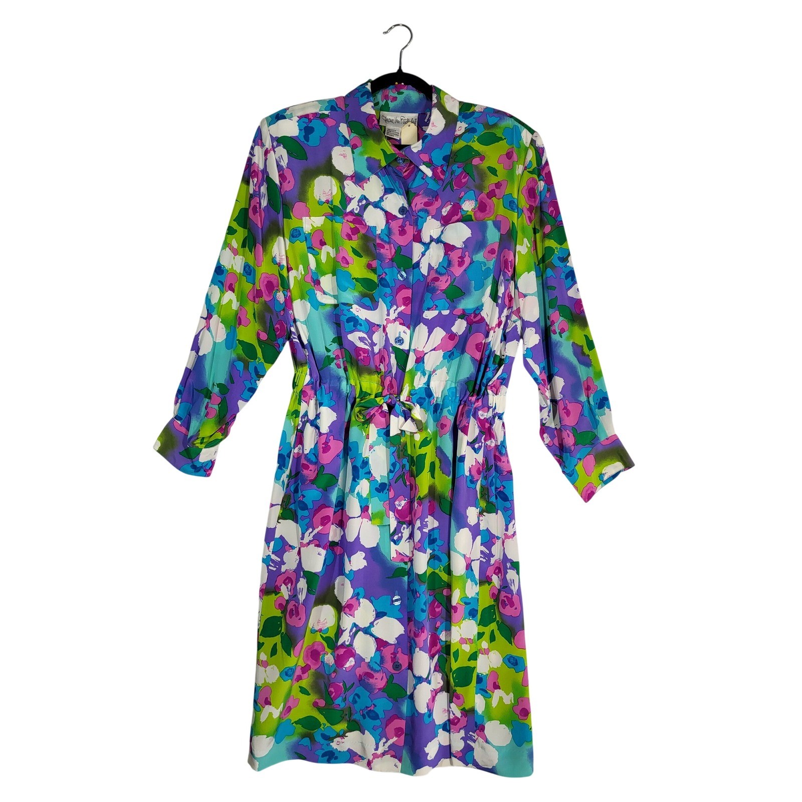 Vintage Y2K Diane Von Furstenberg Floral 100% Silk Shirt Dress 16 Blue Green NEW