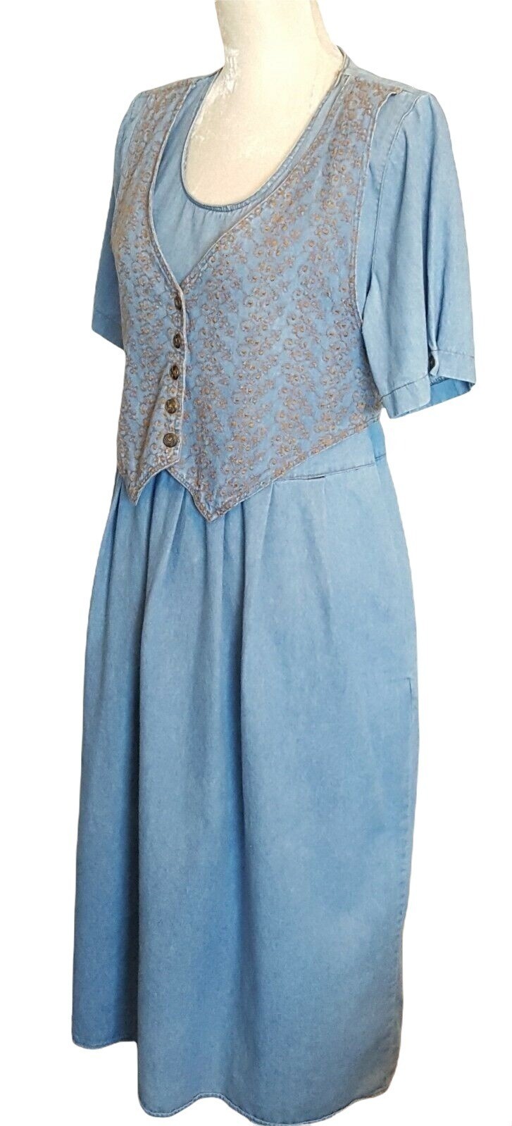 Vintage 80’s Dress 16P Petite Women’s Blue Chambray Cotton Attached Vest