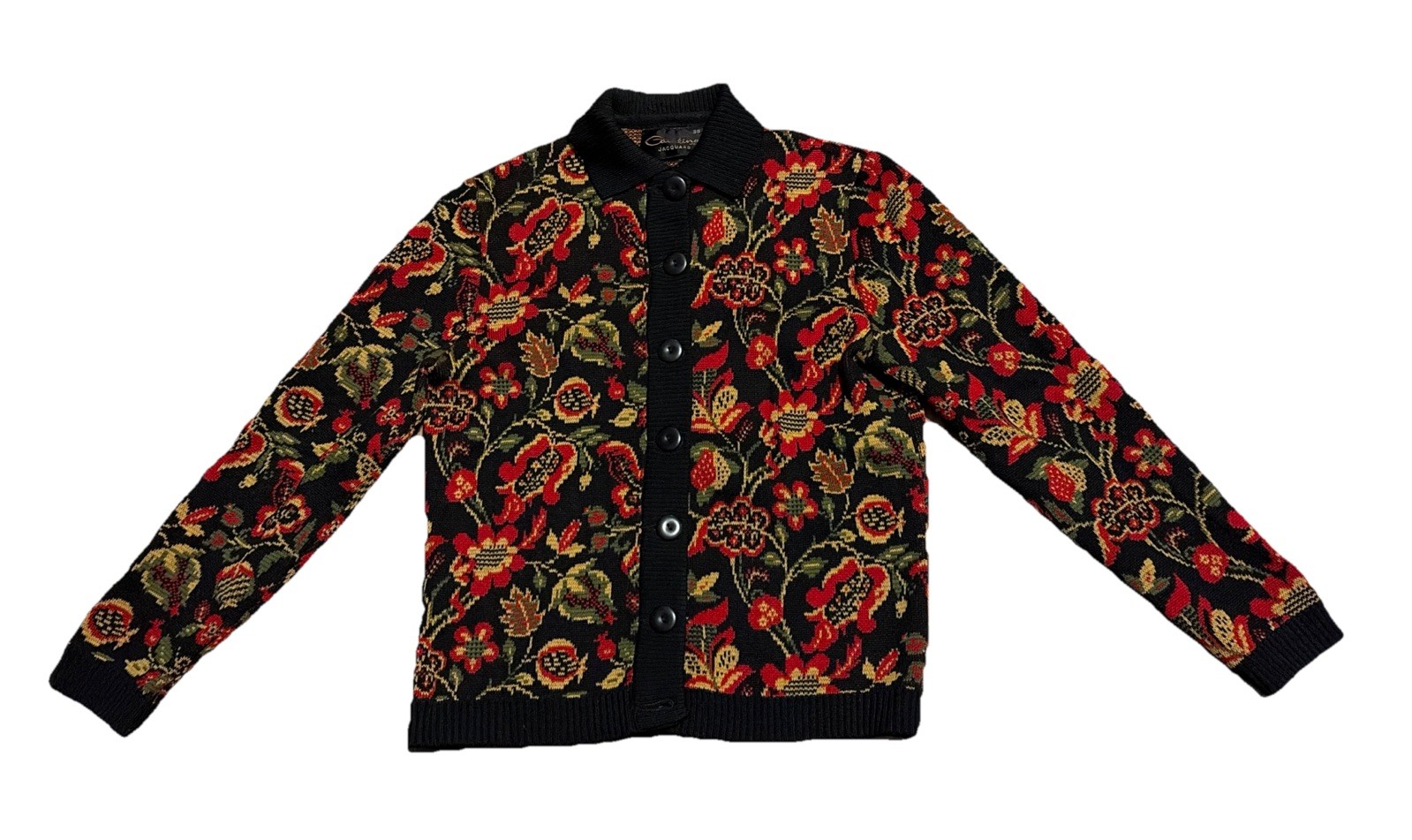 Vintage 60s Catalina Jacquard Knit Black Floral Cardigan Sweater Women Size 38