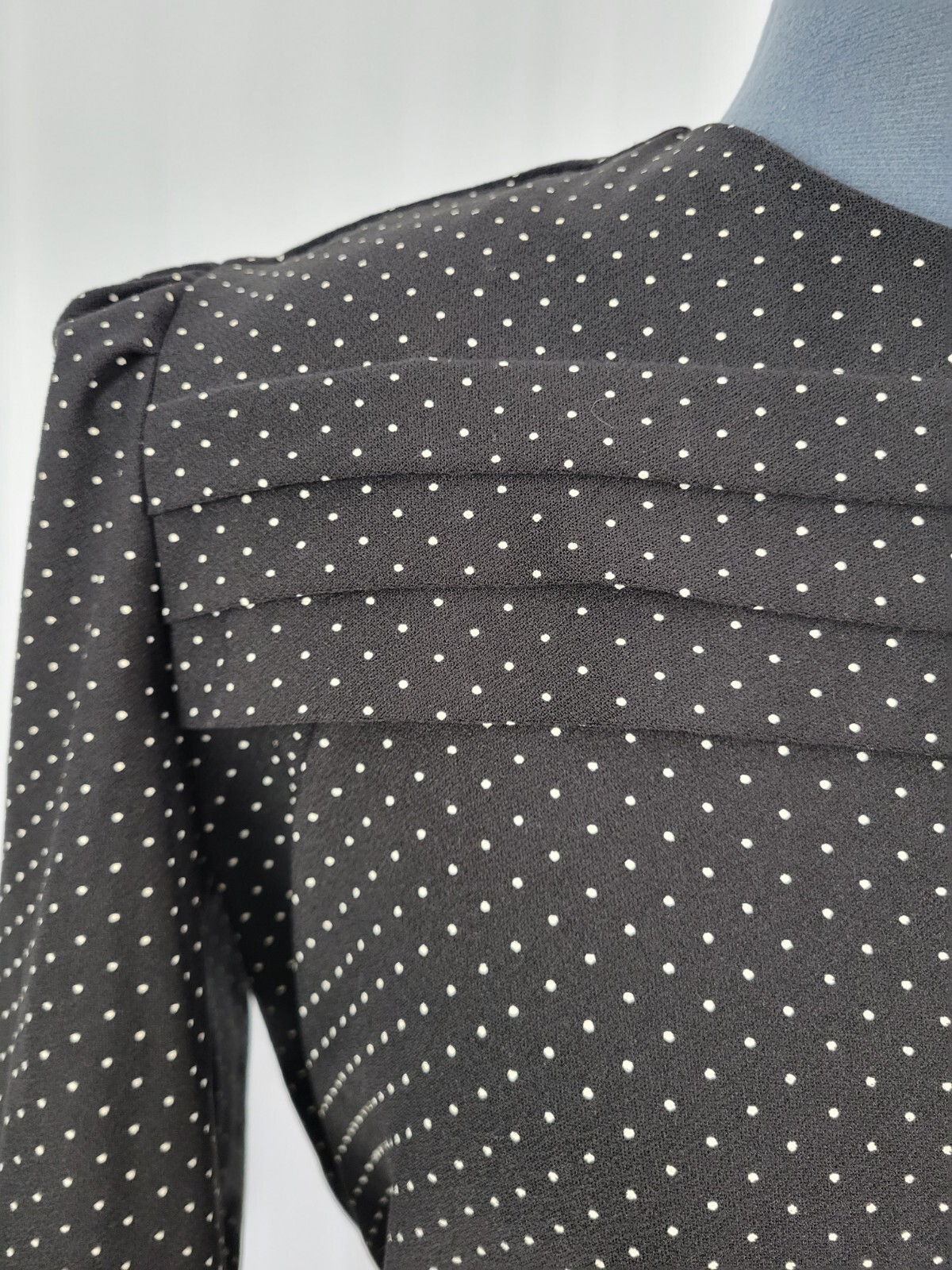 Vtg Earth Angel Dress in Black w Cream Polka Dots/Tie Waist/Pleated Skirt 15/16