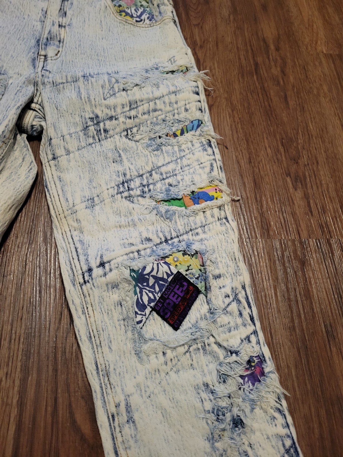 Vintage 90s Acid Stonewashed Jeans Speed Denim Sz 11/12 Frayed Patch Stretch 80s