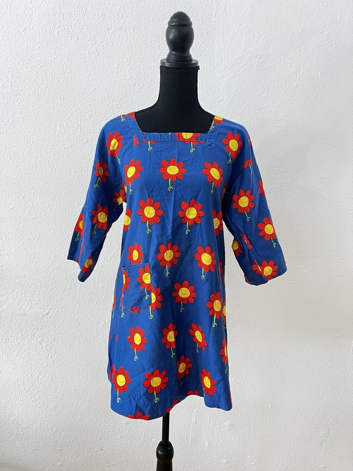 Vintage 70s Retro Chore Smock Open Back Top Flower Power Boho Hippie Colorful S