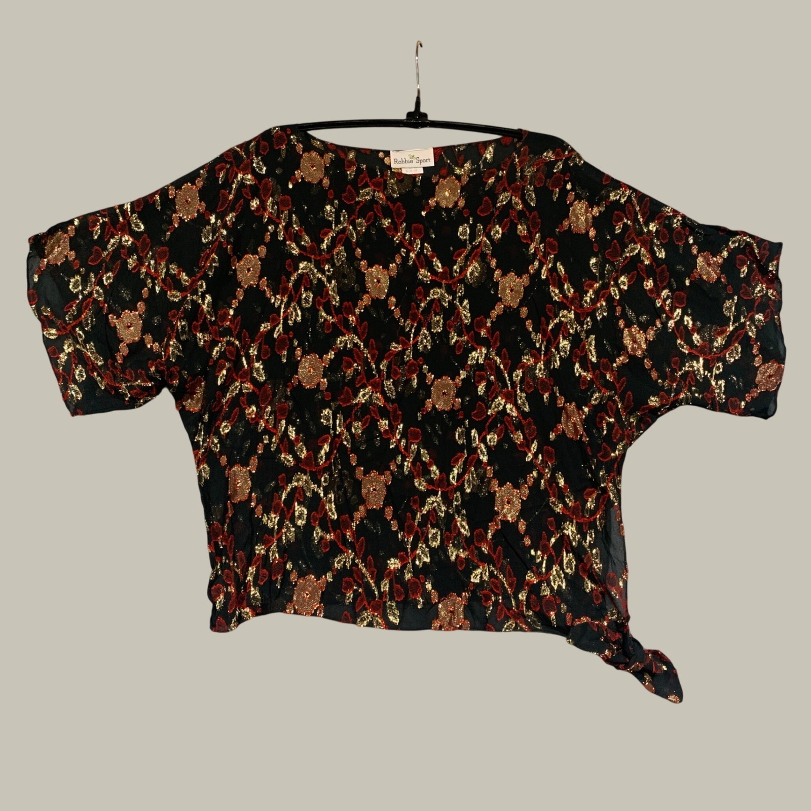 Robbie Sport Blouse Womens 15 16 Black Gold Red Metallic Floral Side Tie Vintage
