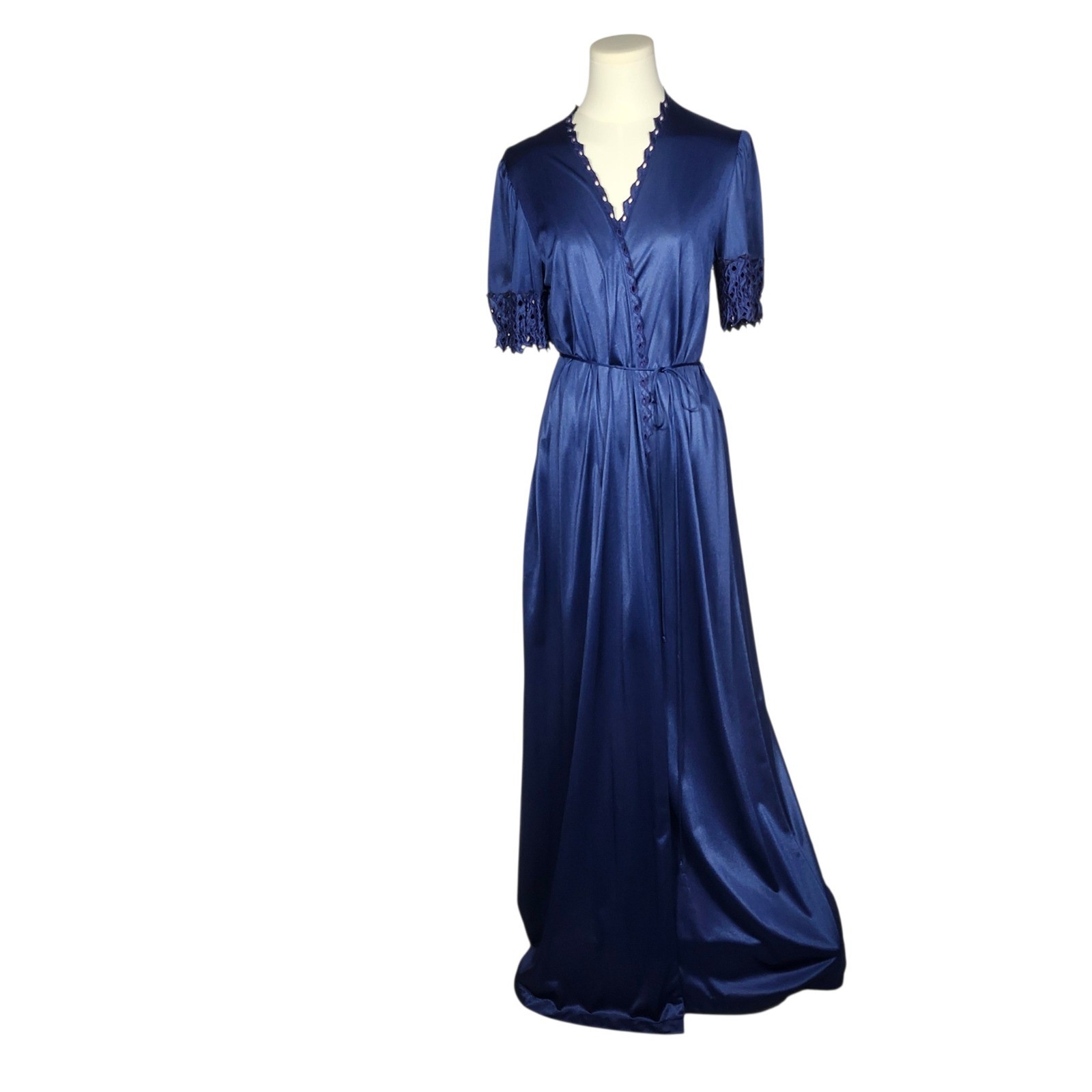 Vintage Flair Robe Women Small Navy Blue Satin Eyelet Lace Trim Maxi Wrap