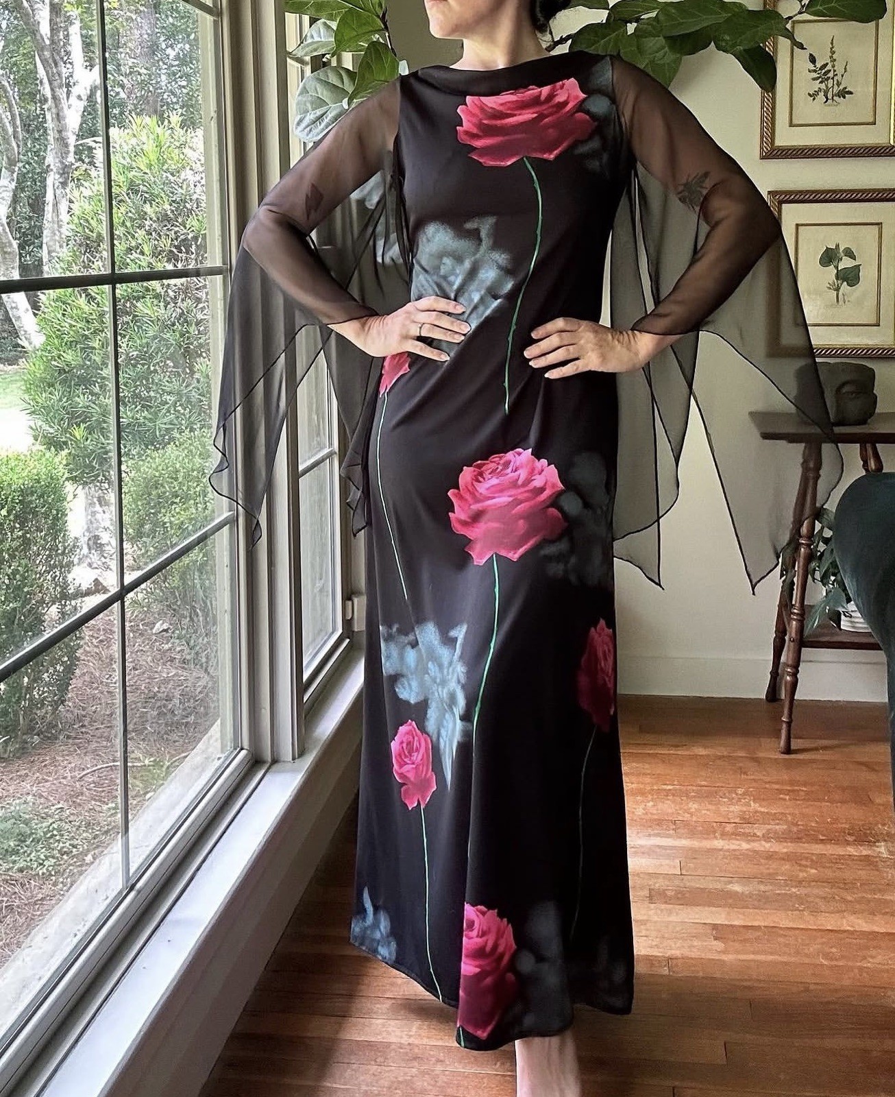 Glamorous Vintage 70s Black Roses Maxi Dress with Chiffon Angel Sleeves Size M/L
