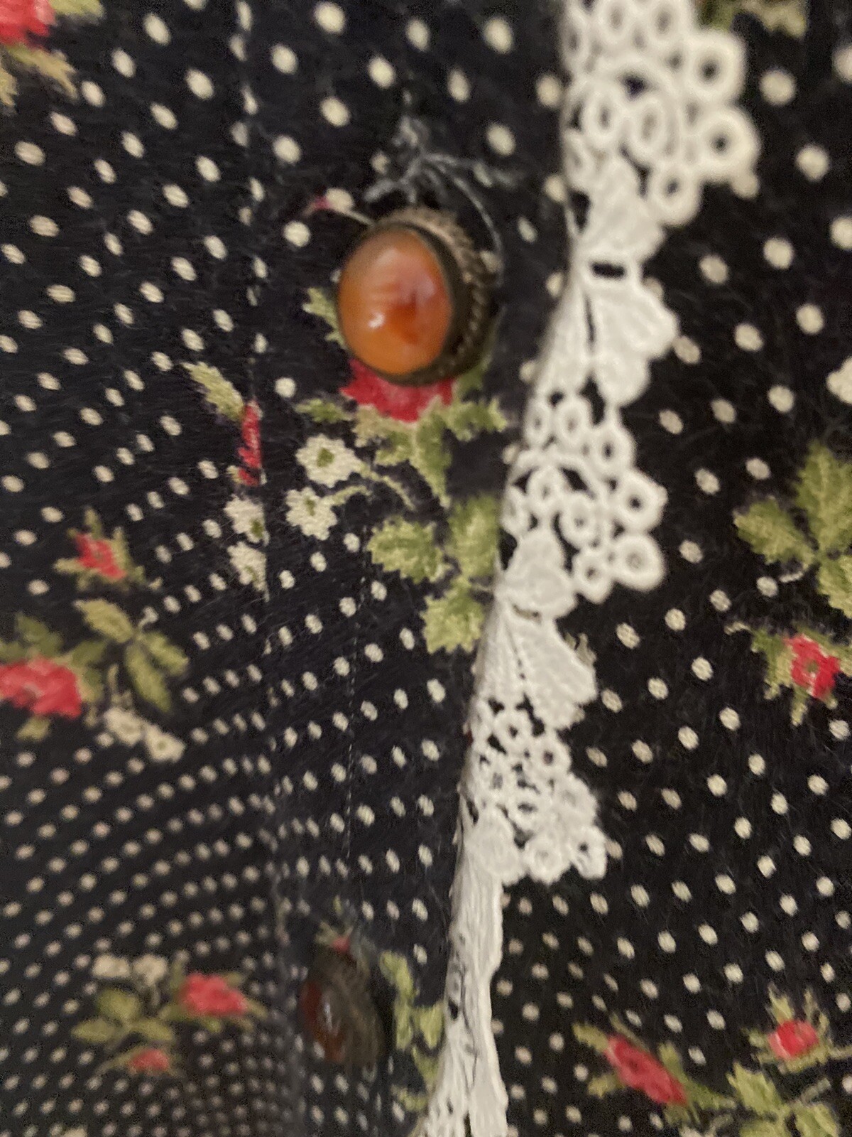 Vtg 70’s Liberty of London Black Polka Dot Rose Blouse W/ Agate Buttons