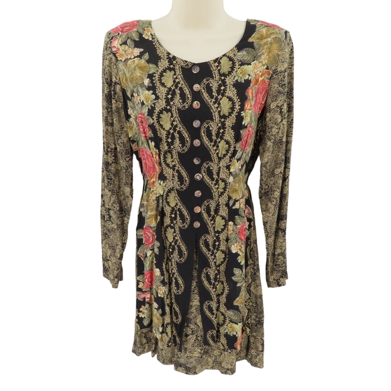 VTG Dawn Joy Womens 7/8 Floral Flower Lace Print Button Long Sleeve Dress Boho