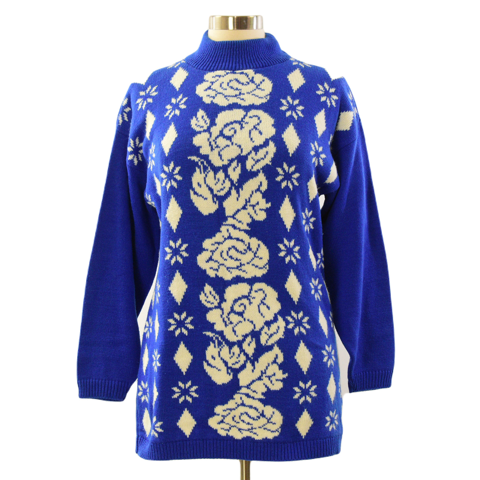 90s Blue & White Floral Print Mock Neck Tunic Sweater Womens S Traffic Jam