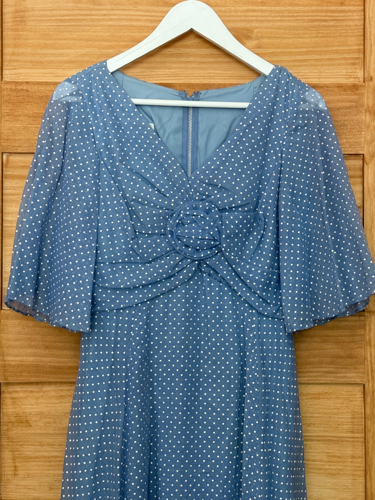 Vtg 1970s Miss Elliette Polka Dot Rosette Semi Sheer Sleeve A Line Maxi Dress S