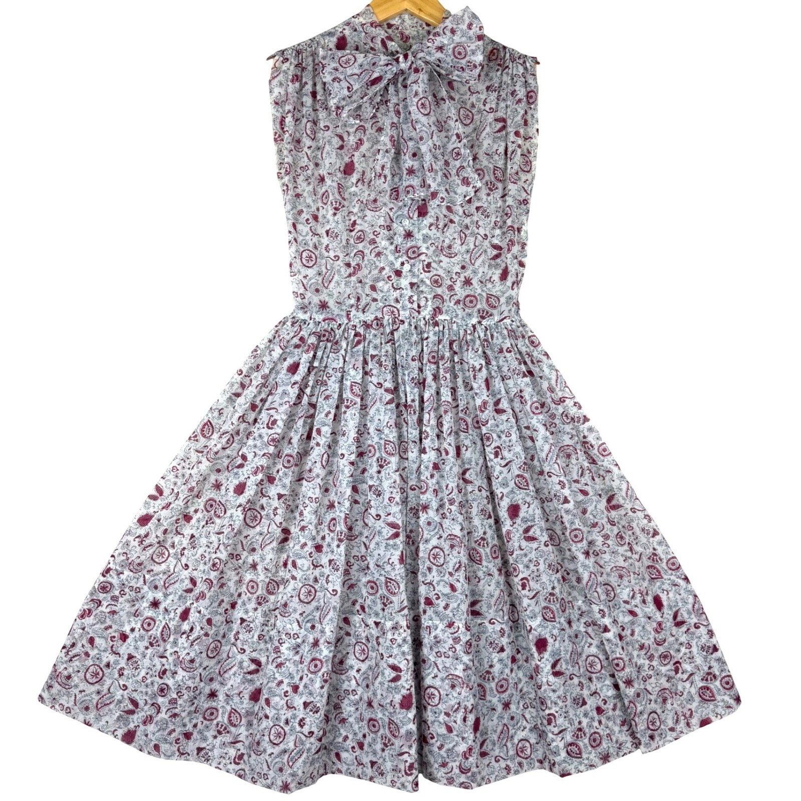 Vintage 1950s 60s Handmade Sheer Paisley Floral Bow Fit Flare Dress M VTG