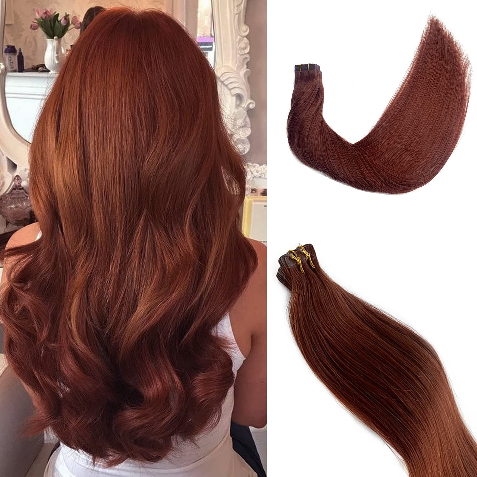 Remy Human Hair Tape-in Extensions #33 Dark Auburn Seamless Skin Weft